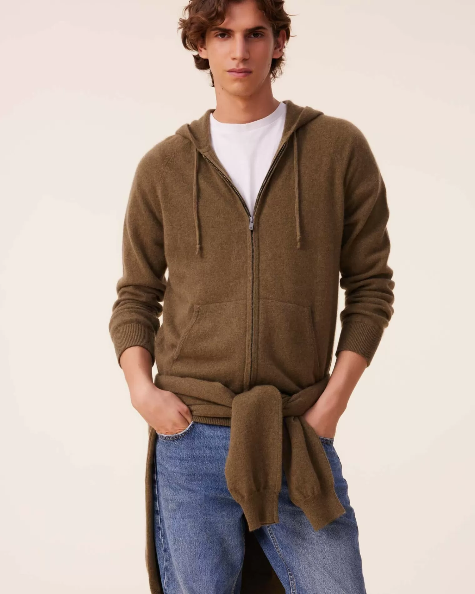 Kujten Hoodies>Men Cashmere Zip Hoodie, 2-Threads Kaki Scout