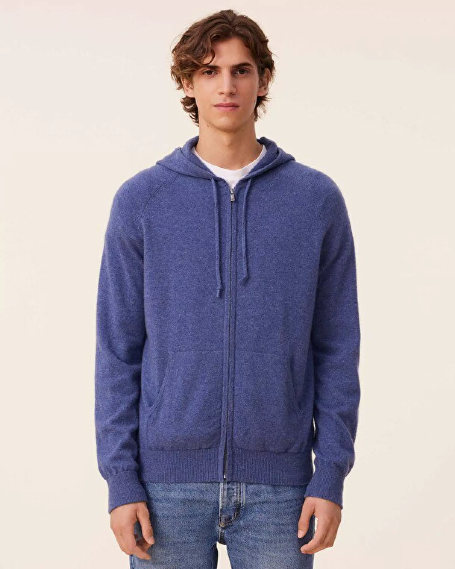 Kujten Hoodies>Men Cashmere Zip Hoodie, 2-Threads Bleu Denim