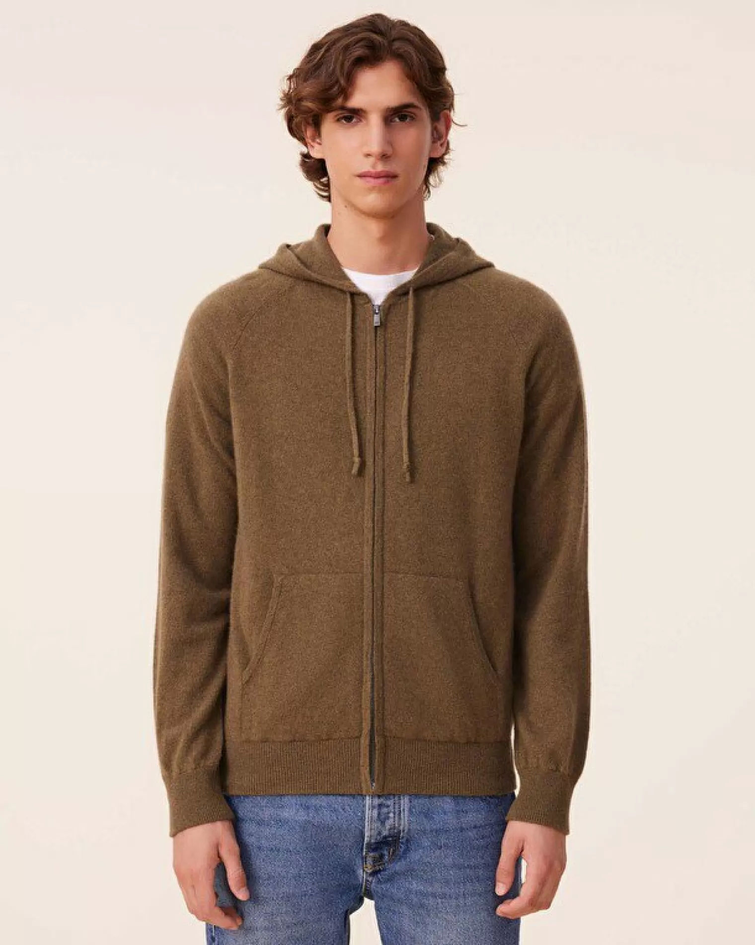 Kujten Hoodies>Men Cashmere Zip Hoodie, 2-Threads Kaki Scout