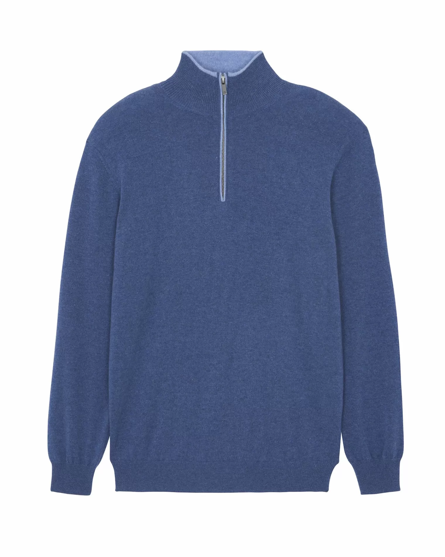 Kujten Sweaters & Sweatshirts>Men Half Zip Cashmere Sweater, 2-Threads Bleu Denim