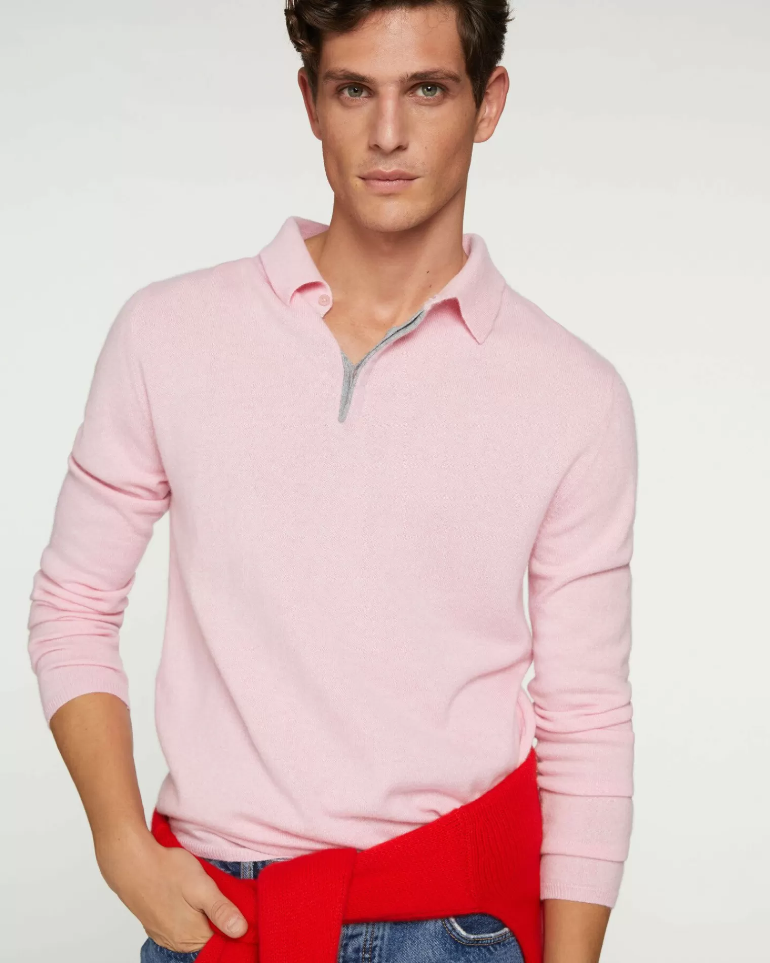 Kujten Sweaters & Sweatshirts>Men Long Sleeved Cashmere Polo Candy Pink