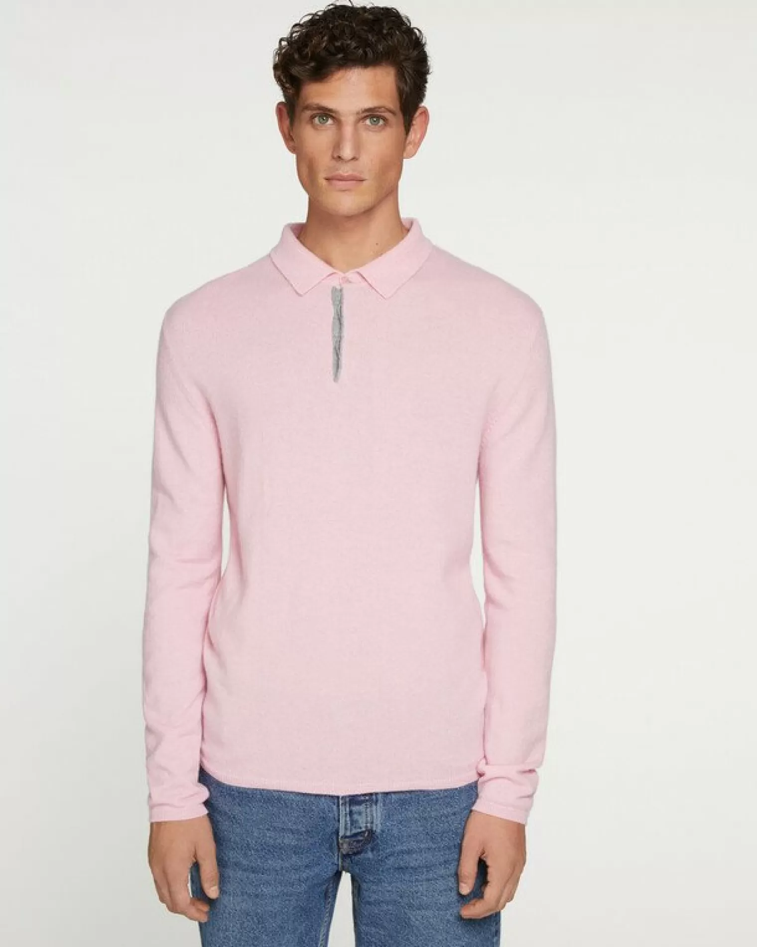 Kujten Sweaters & Sweatshirts>Men Long Sleeved Cashmere Polo Candy Pink