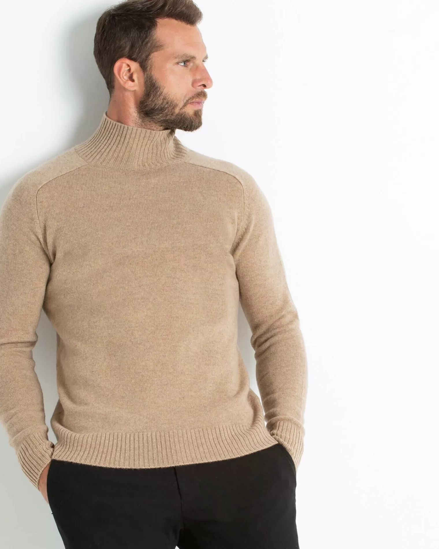 Kujten Sweaters & Sweatshirts>Men Plain High-Neck Cashmere Sweater Beige Chameau