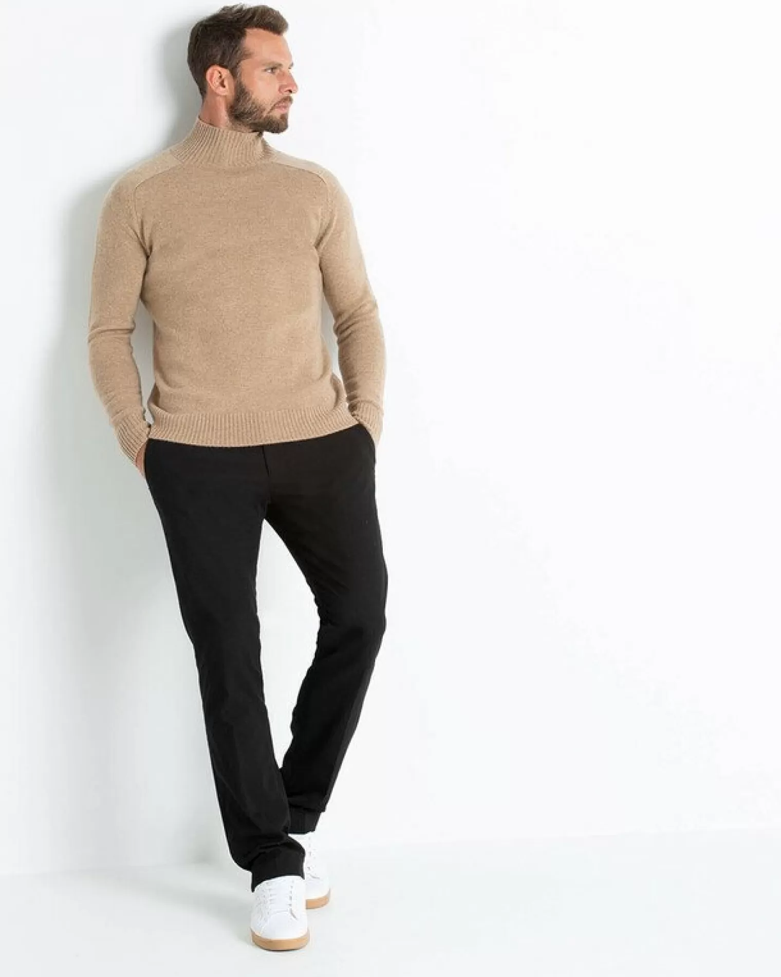 Kujten Sweaters & Sweatshirts>Men Plain High-Neck Cashmere Sweater Beige Chameau