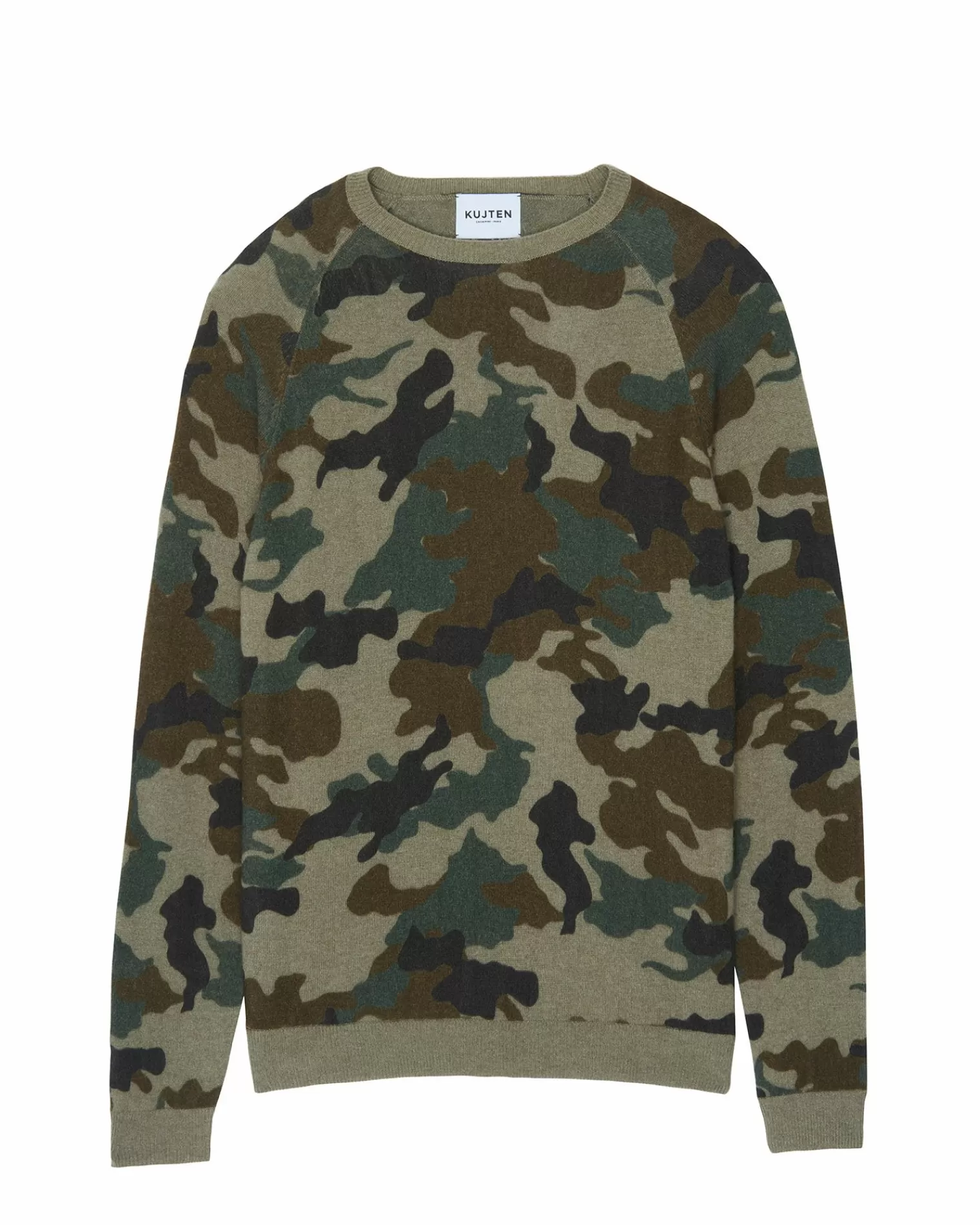 Kujten Sweaters & Sweatshirts>Men Printed Round Neck Cashmere Sweater Camou Kaki