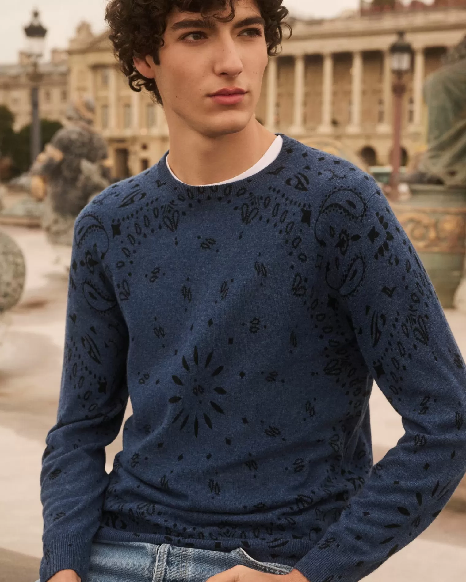 Kujten Sweaters & Sweatshirts>Men Round Neck Cashmere Sweater, 2-Threads Bleu Jeans Fonce