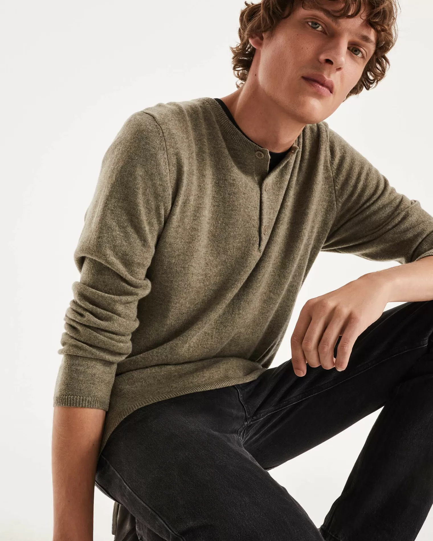 Kujten Sweaters & Sweatshirts>Men Tunisian Collar Cashmere Sweater Kaki Chine