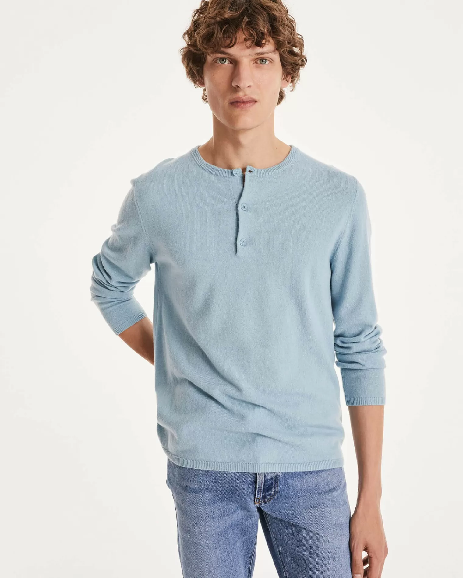 Kujten Sweaters & Sweatshirts>Men Tunisian Collar Cashmere Sweater Blue Ice