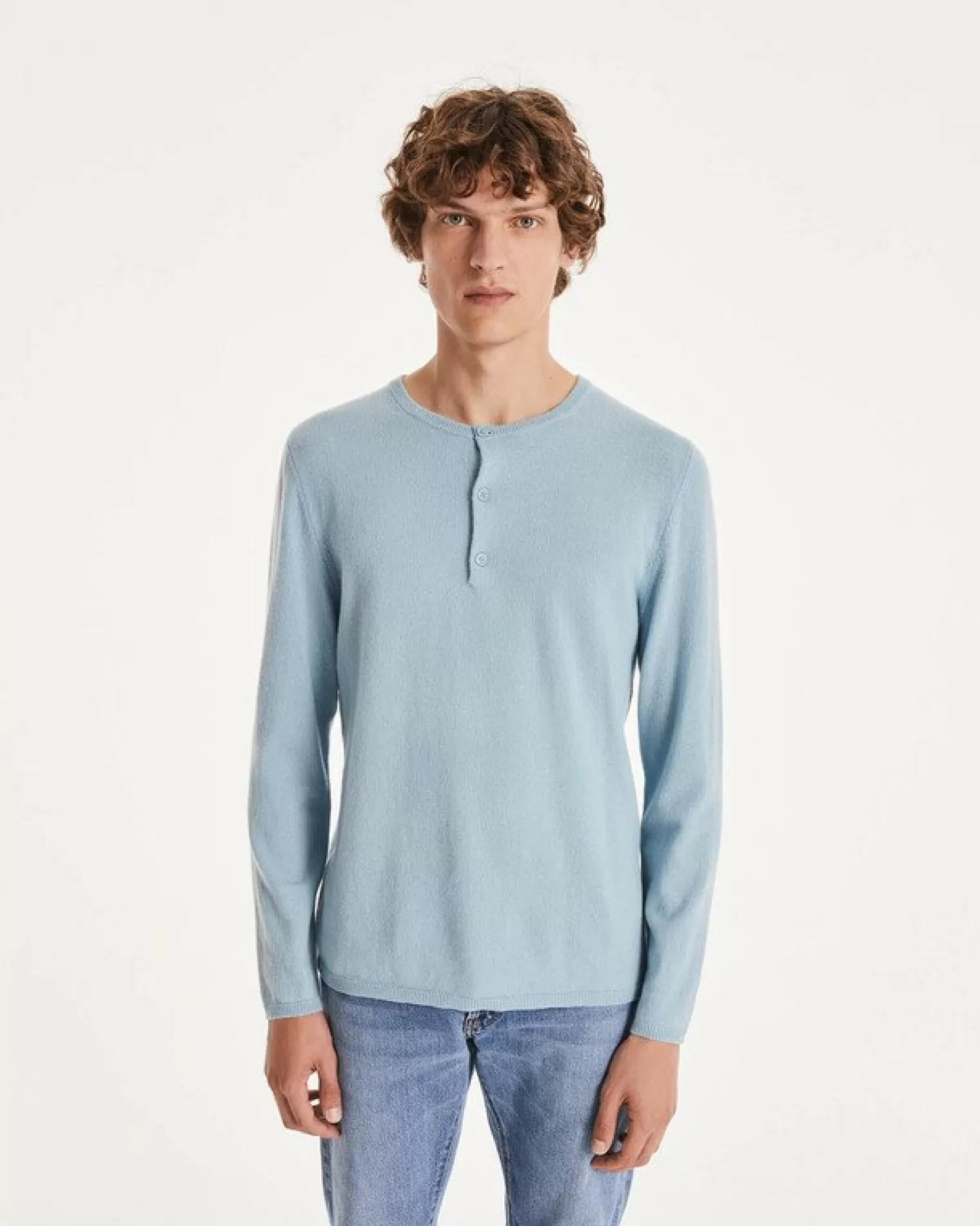 Kujten Sweaters & Sweatshirts>Men Tunisian Collar Cashmere Sweater Blue Ice