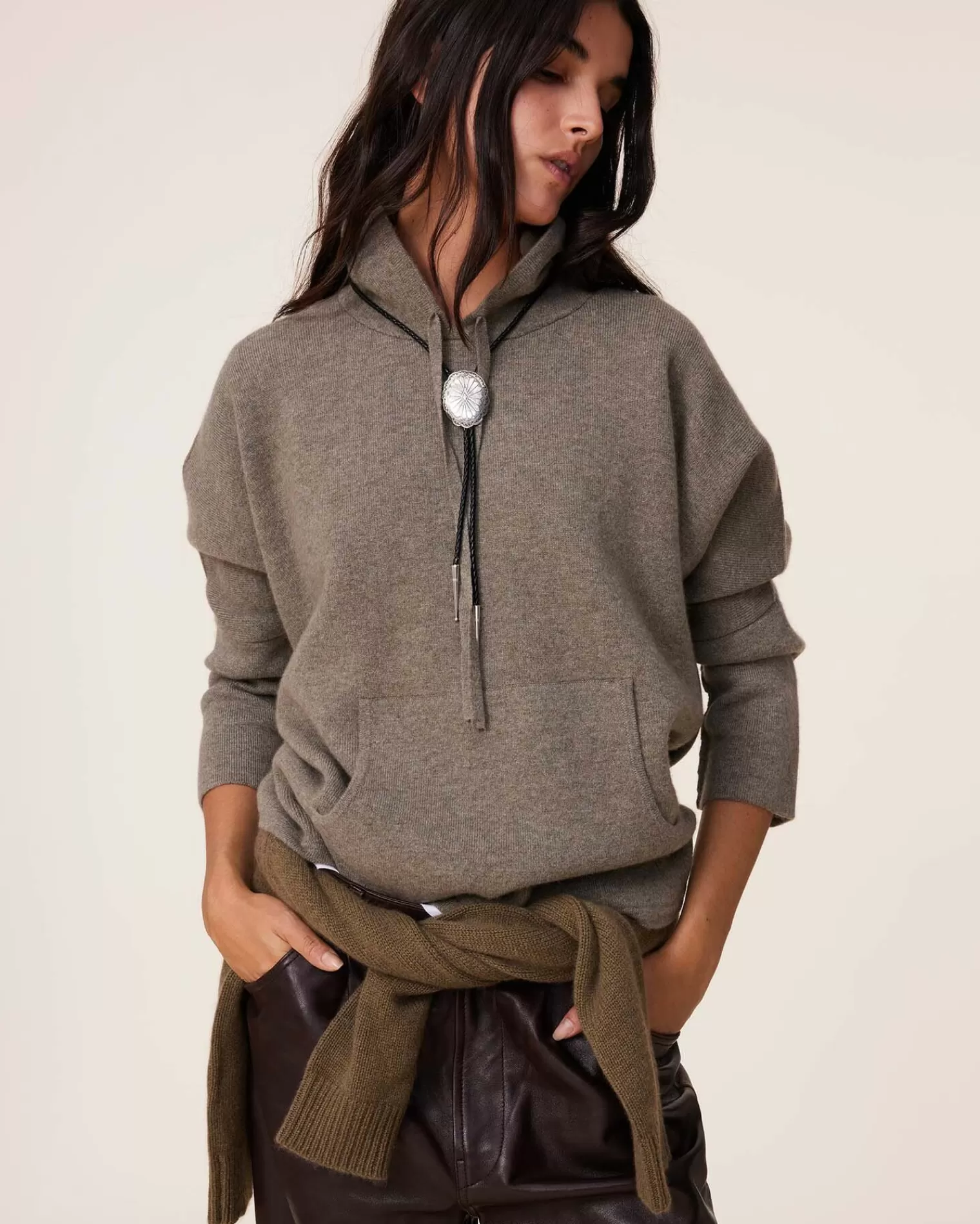 Kujten Hoodies>Milano Oversized Cashmere Hoodie, 2-Threads Kaki Chine