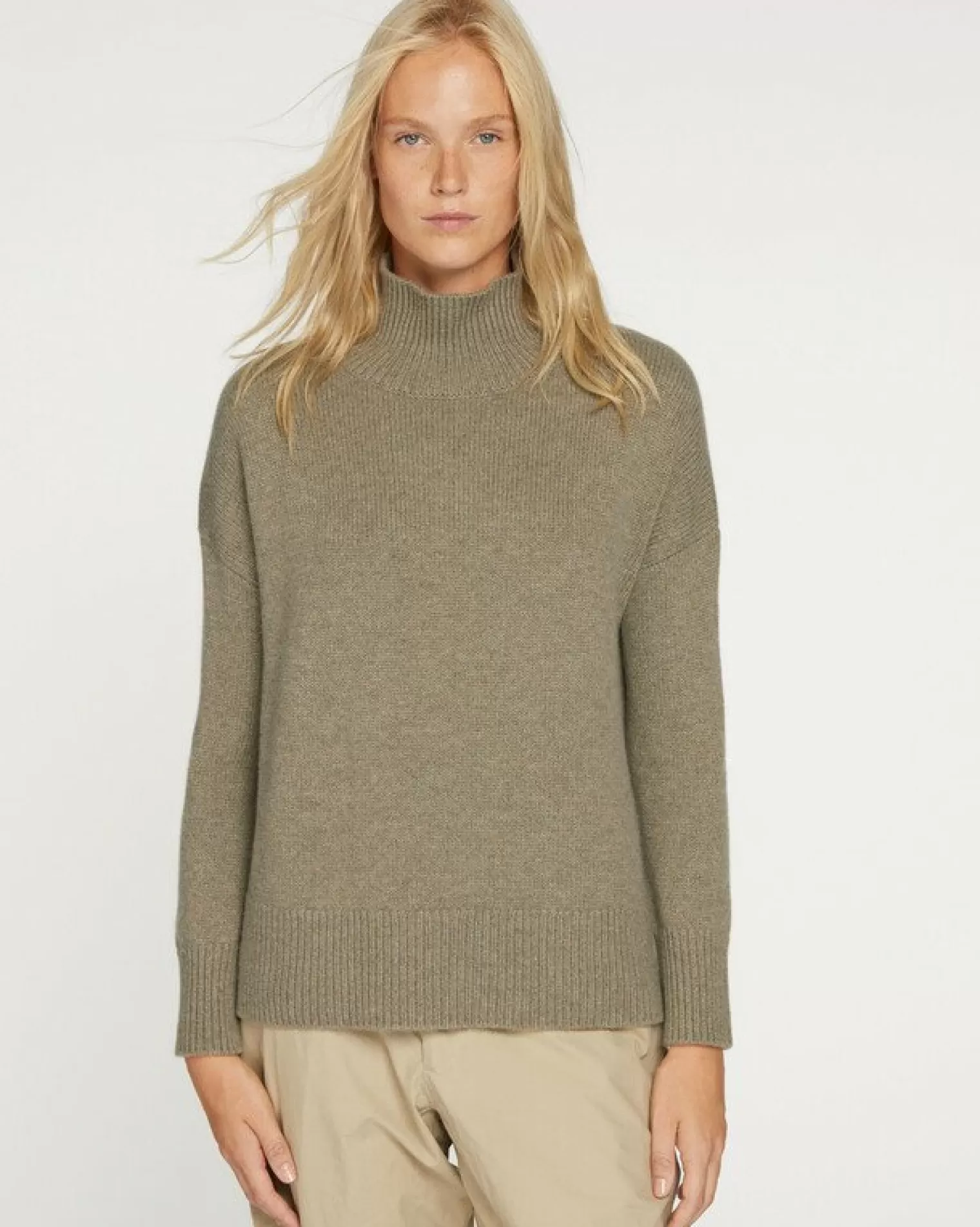 Kujten Sweaters & Sweatshirts>Oversize Funnel Neck Cashmere Sweater Kaki Chine