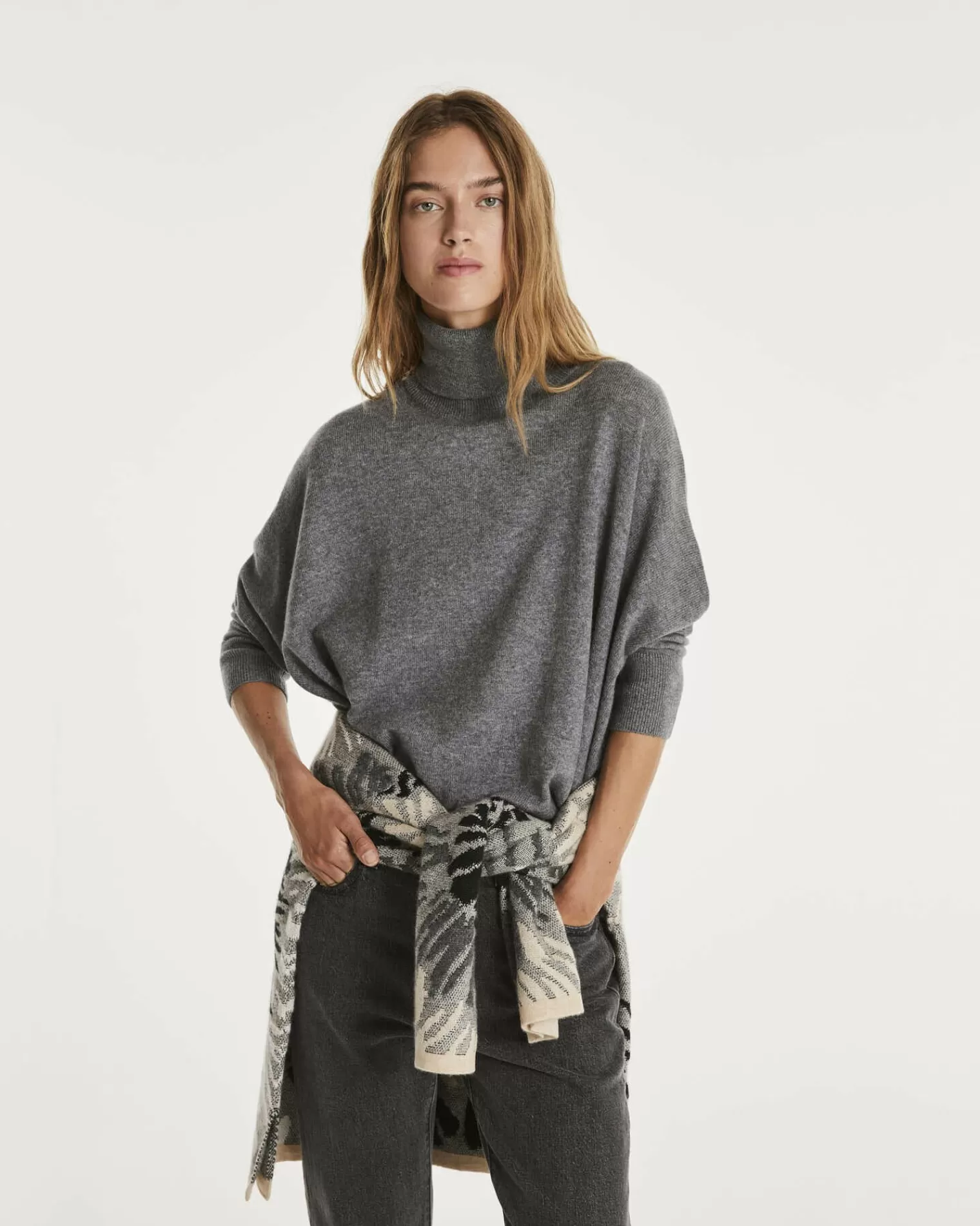 Kujten Sweaters & Sweatshirts>Oversize Turtleneck Cashmere Sweater, 2-Threads Gris Flanelle