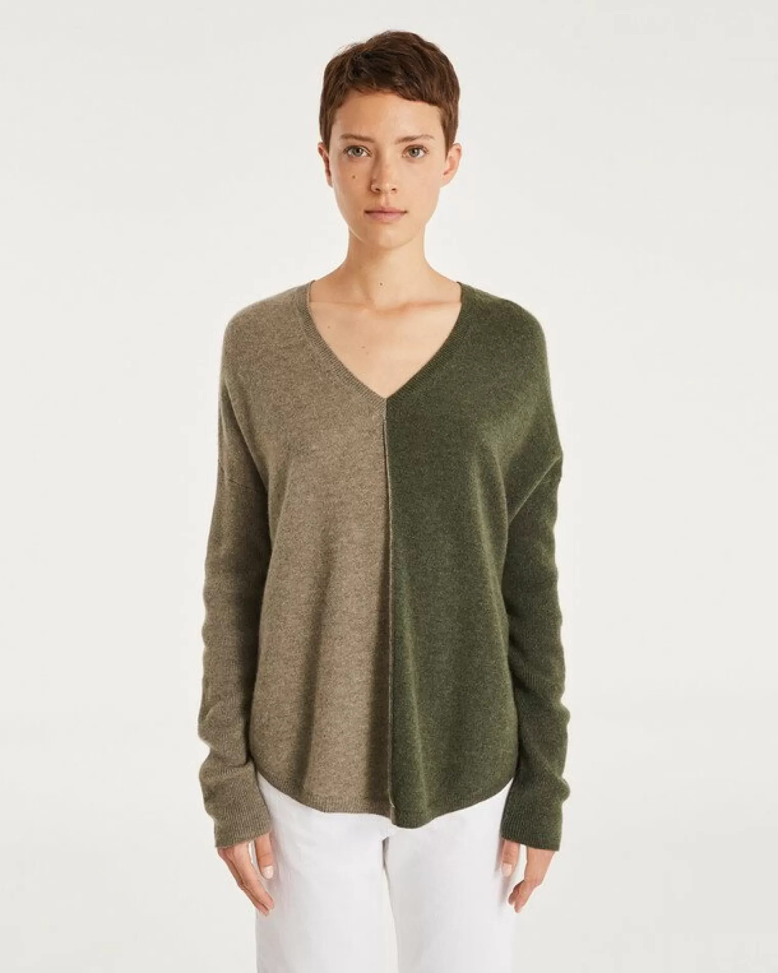 Kujten Sweaters & Sweatshirts>Oversize V-Neck Cashmere Sweater, 2-Threads Kaki Chine