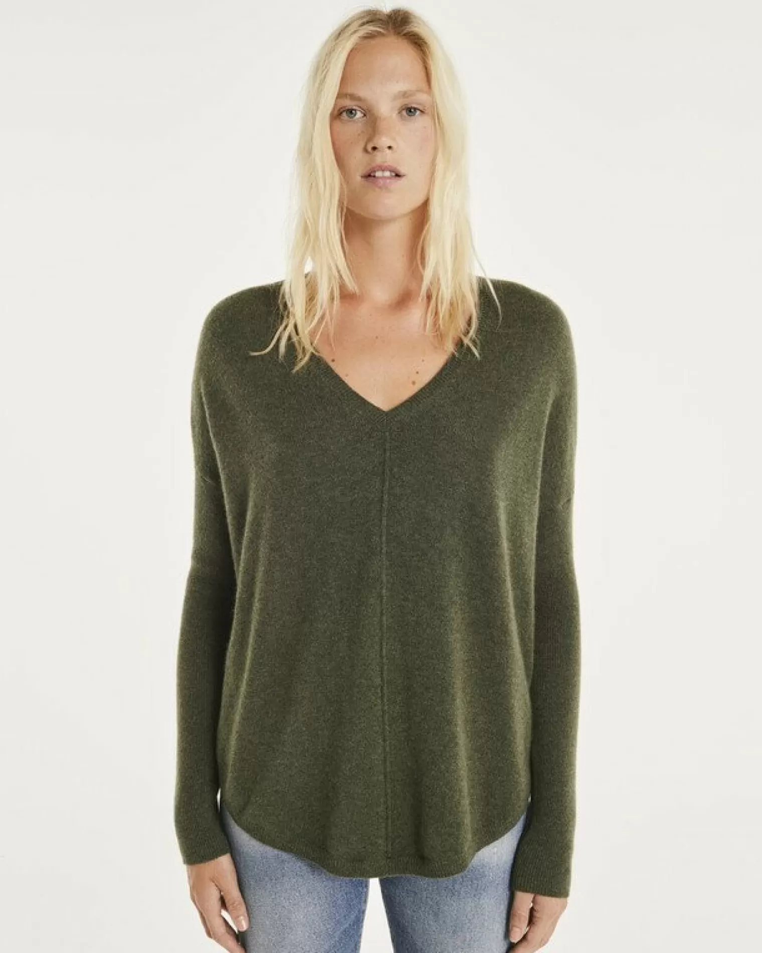 Kujten Sweaters & Sweatshirts>Oversize Woman V-Neck Cashmere Sweater Kaki Fonce