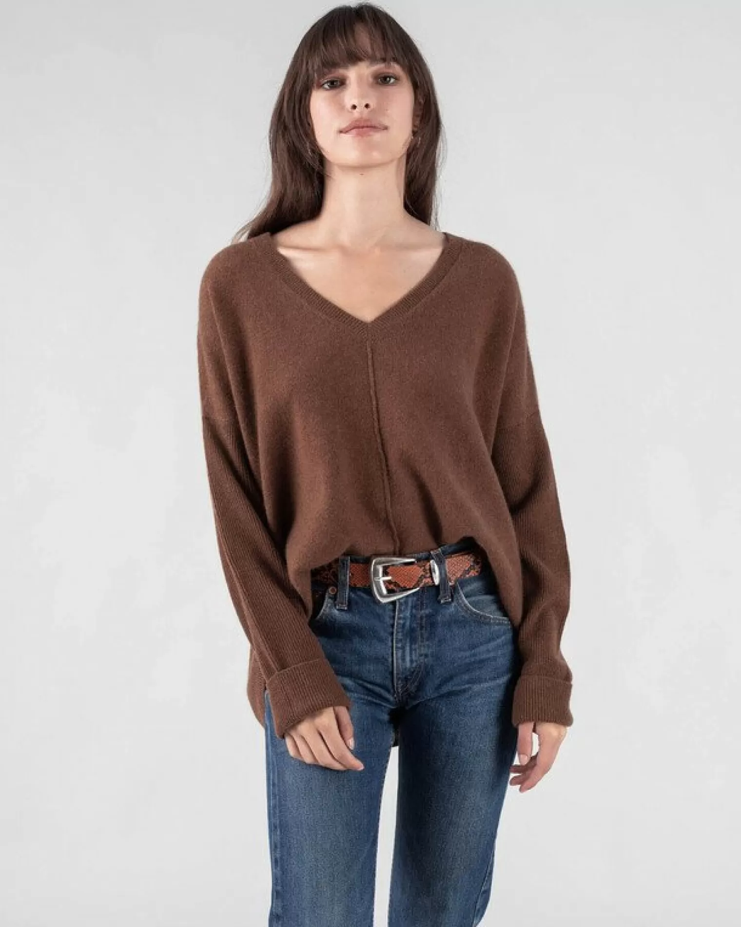 Kujten Sweaters & Sweatshirts>Oversize Woman V-Neck Cashmere Sweater Marron Epice