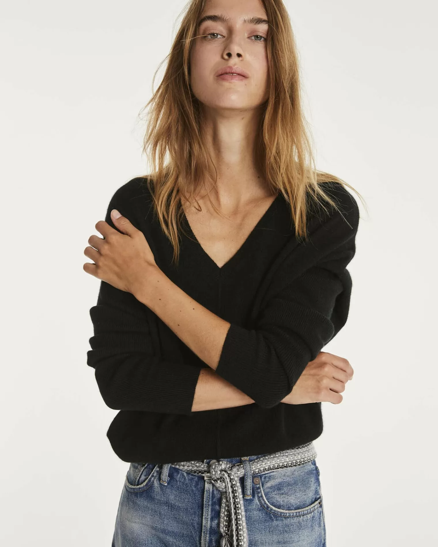 Kujten Sweaters & Sweatshirts>Oversize Woman V-Neck Cashmere Sweater, 2-Threads Noir