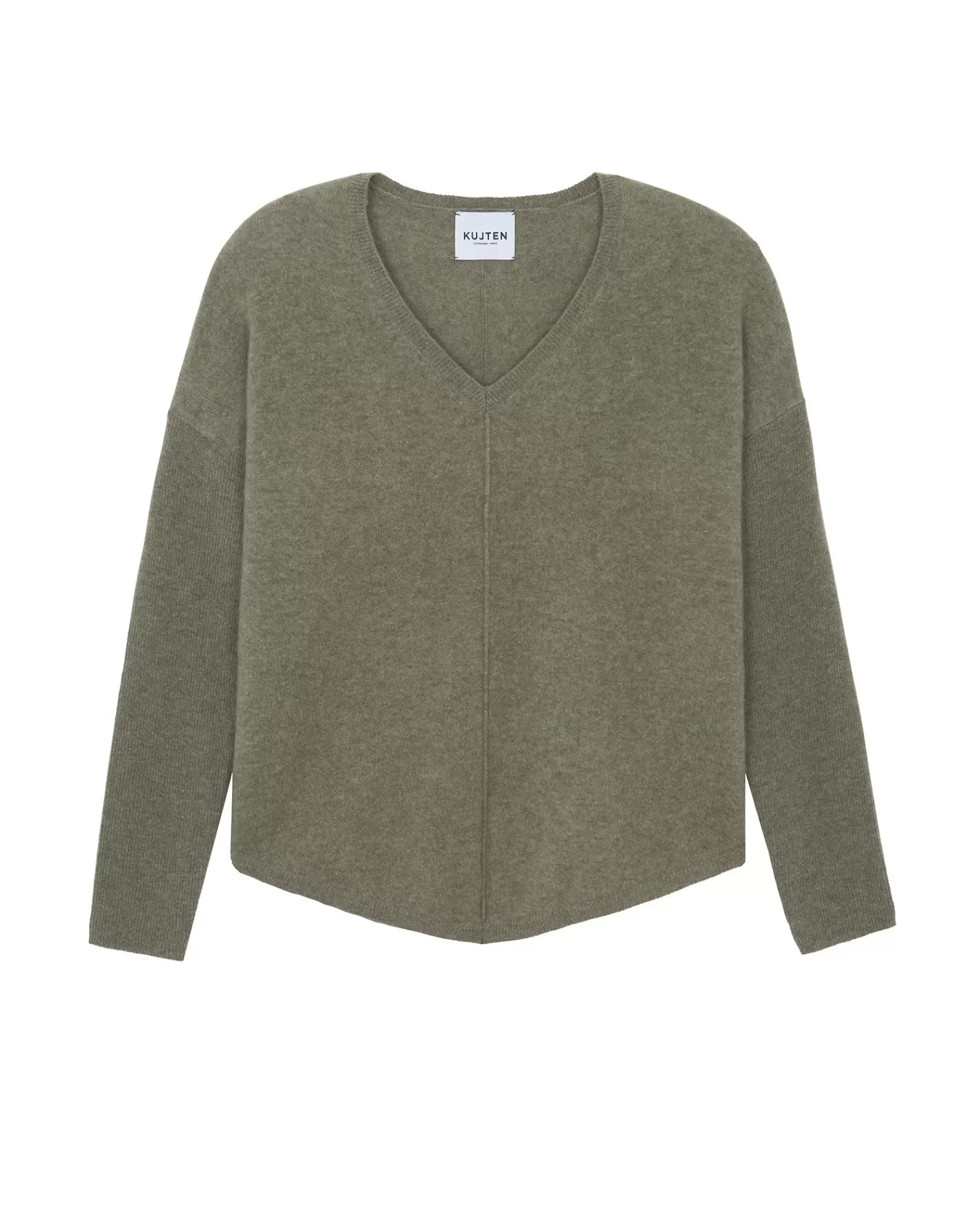 Kujten Sweaters & Sweatshirts>Oversize Woman V-Neck Cashmere Sweater, 2-Threads Kaki Chine