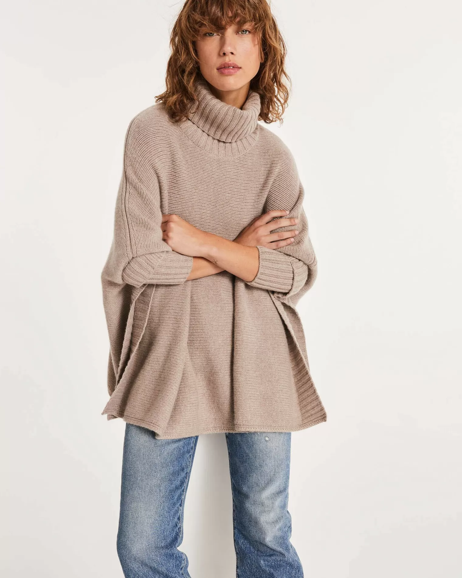 Kujten Capes & Ponchos>Oversized Cashmere Turtleneck Poncho Beige Taupe