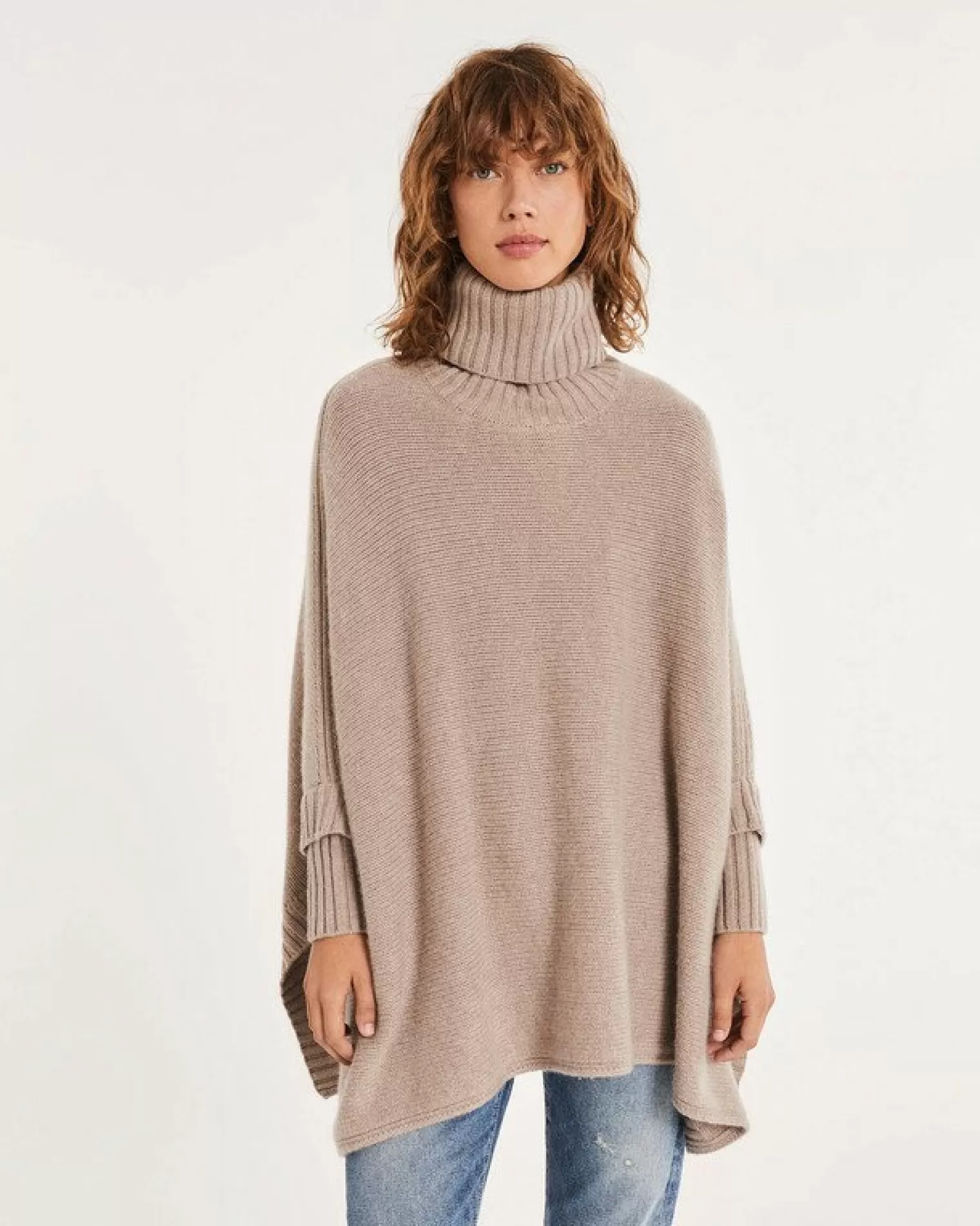 Kujten Capes & Ponchos>Oversized Cashmere Turtleneck Poncho Beige Taupe