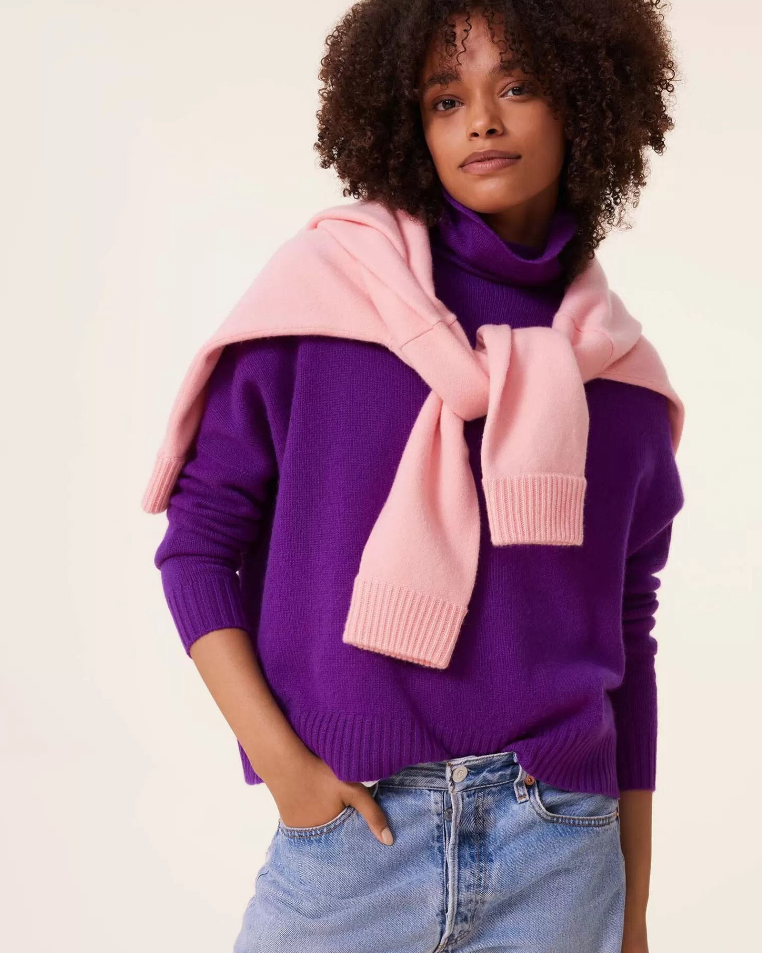 Kujten Sweaters & Sweatshirts>Oversized Chimney Neck Cashmere Sweater, 4-Threads Deep Purple