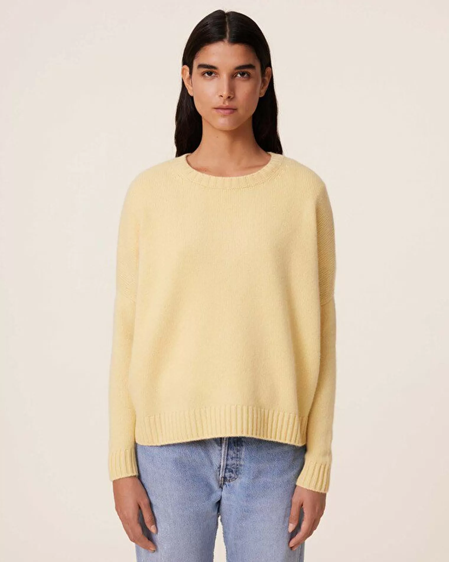 Kujten Sweaters & Sweatshirts>Oversized Round Neck Cashmere Sweater, 6-Threads Jaune Eggshell