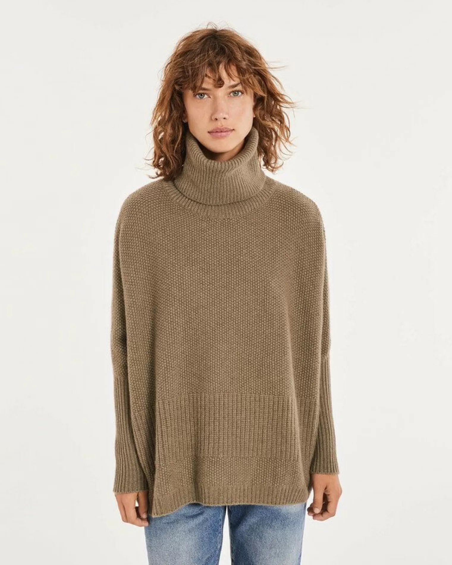 Kujten Sweaters & Sweatshirts>Oversized Turtleneck Cashmere Sweater, 8-Threads Kaki Chine