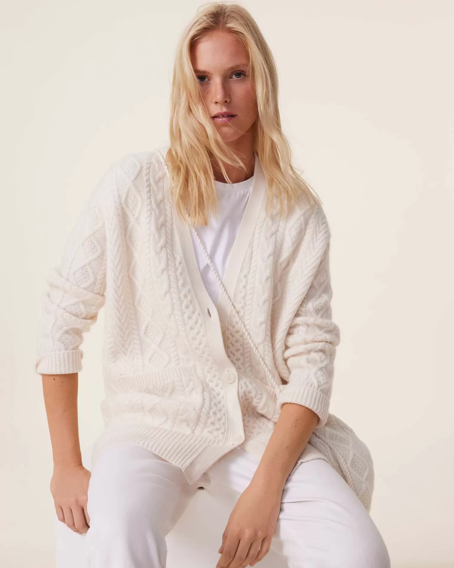 Kujten Jackets & Vests>Oversized Twisted Cashmere Cardigan, 8-Threads Blanc