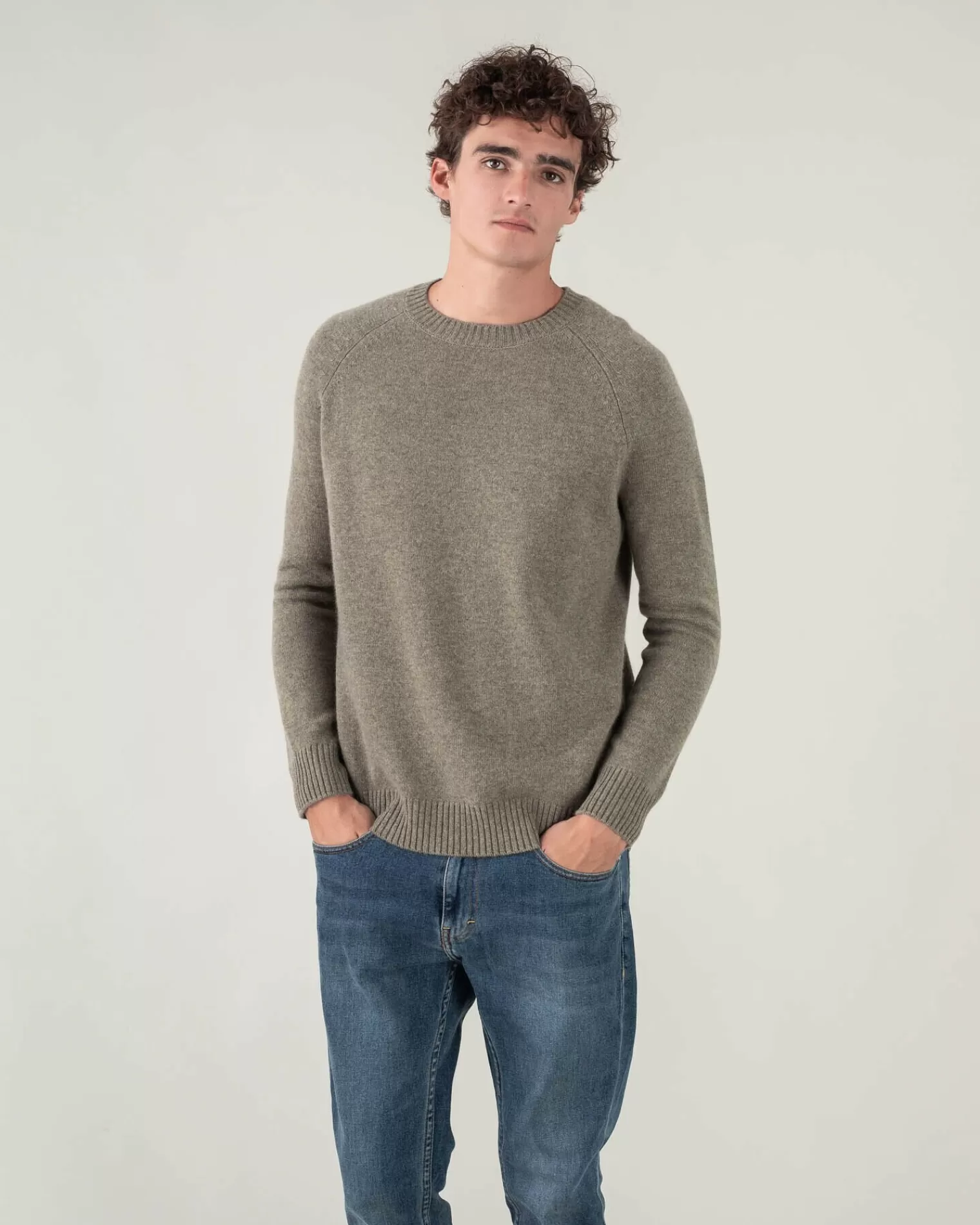 Kujten Sweaters & Sweatshirts>Plain Raglan Sleeves Cashmere Sweater Kaki Chine