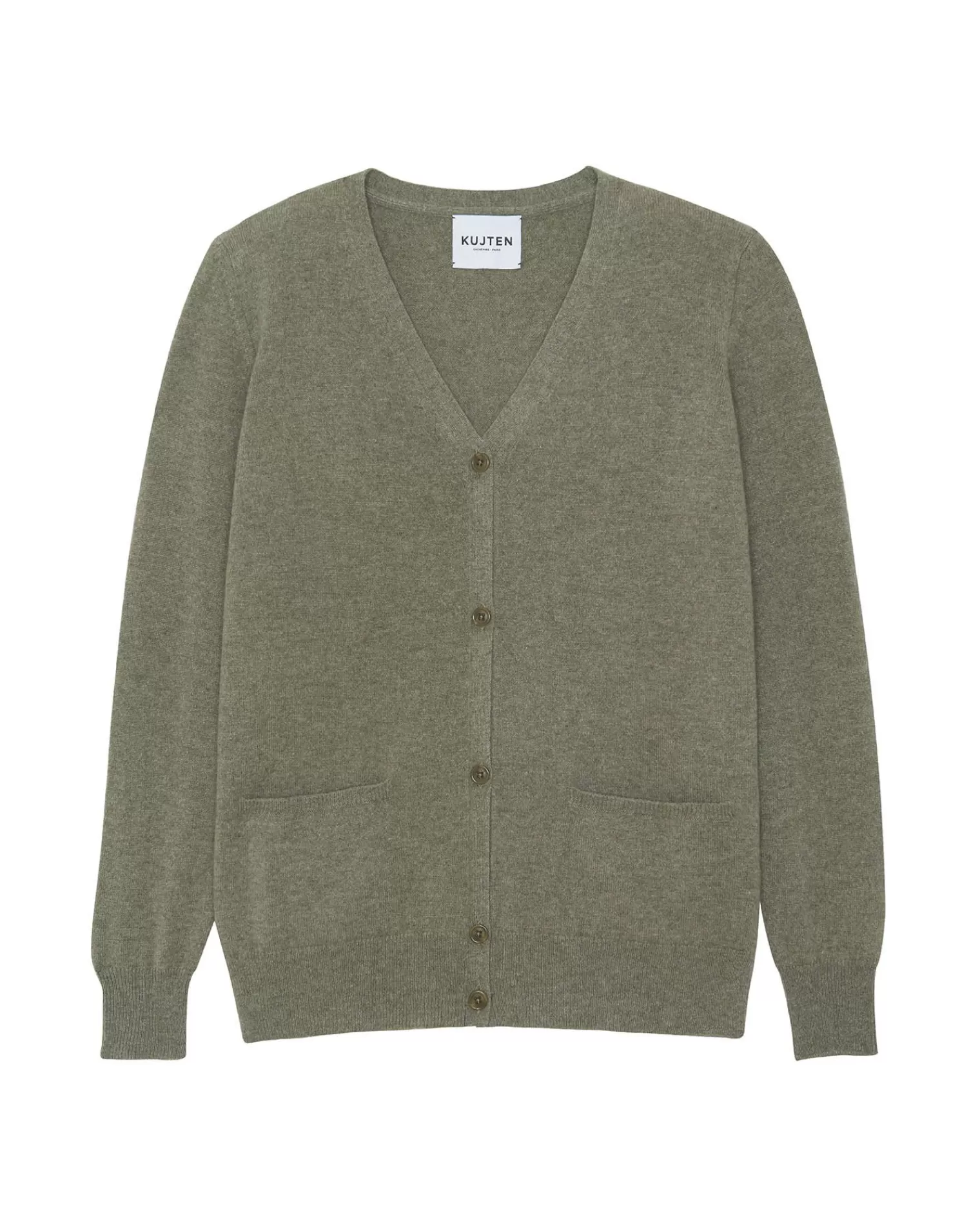 Kujten Jackets & Vests>Plain Straight V-Neck Cashmere Cardigan Kaki Chine