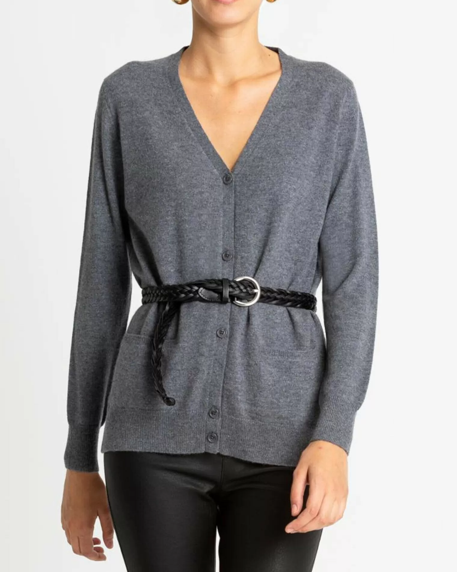 Kujten Jackets & Vests>Plain Straight V-Neck Cashmere Cardigan Gris Flanelle