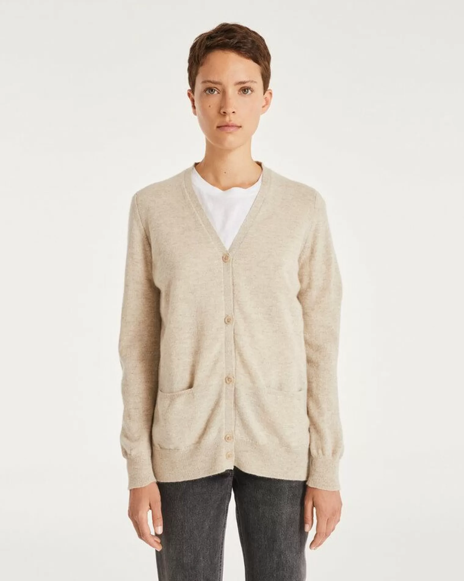 Kujten Jackets & Vests>Plain Straight V-Neck Cashmere Cardigan Avoine