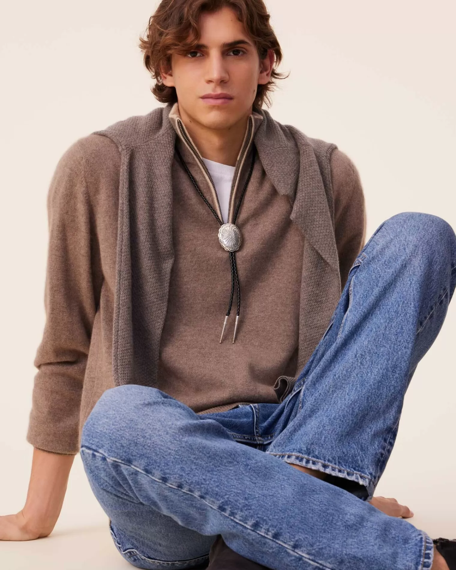 Kujten Sweaters & Sweatshirts>Plain Truck Collar Cashmere Man Sweater, 2-Threads Beige Taupe