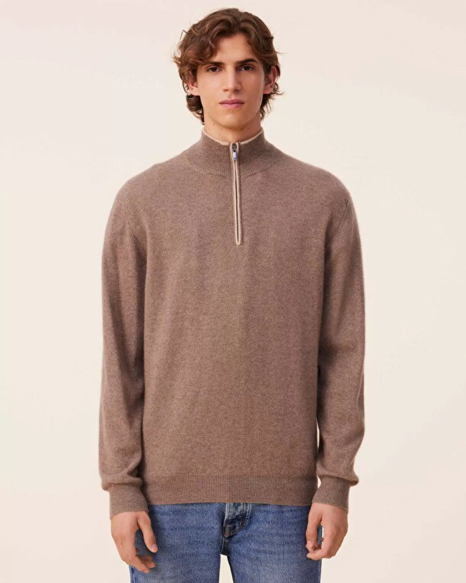 Kujten Sweaters & Sweatshirts>Plain Truck Collar Cashmere Man Sweater, 2-Threads Beige Taupe