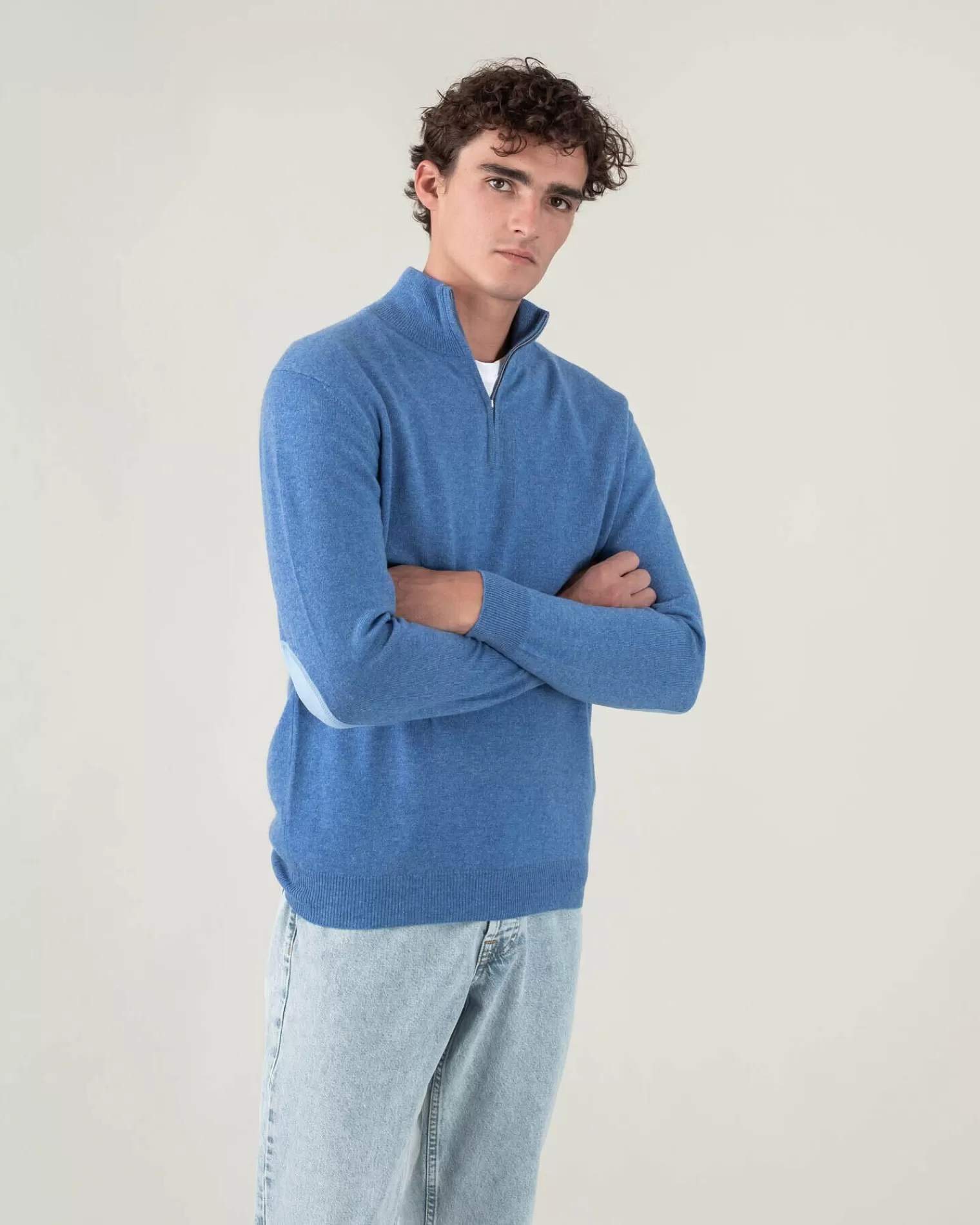 Kujten Sweaters & Sweatshirts>Plain Turtleneck Cashmere Man Sweater With Elbow Patches Bleu Denim