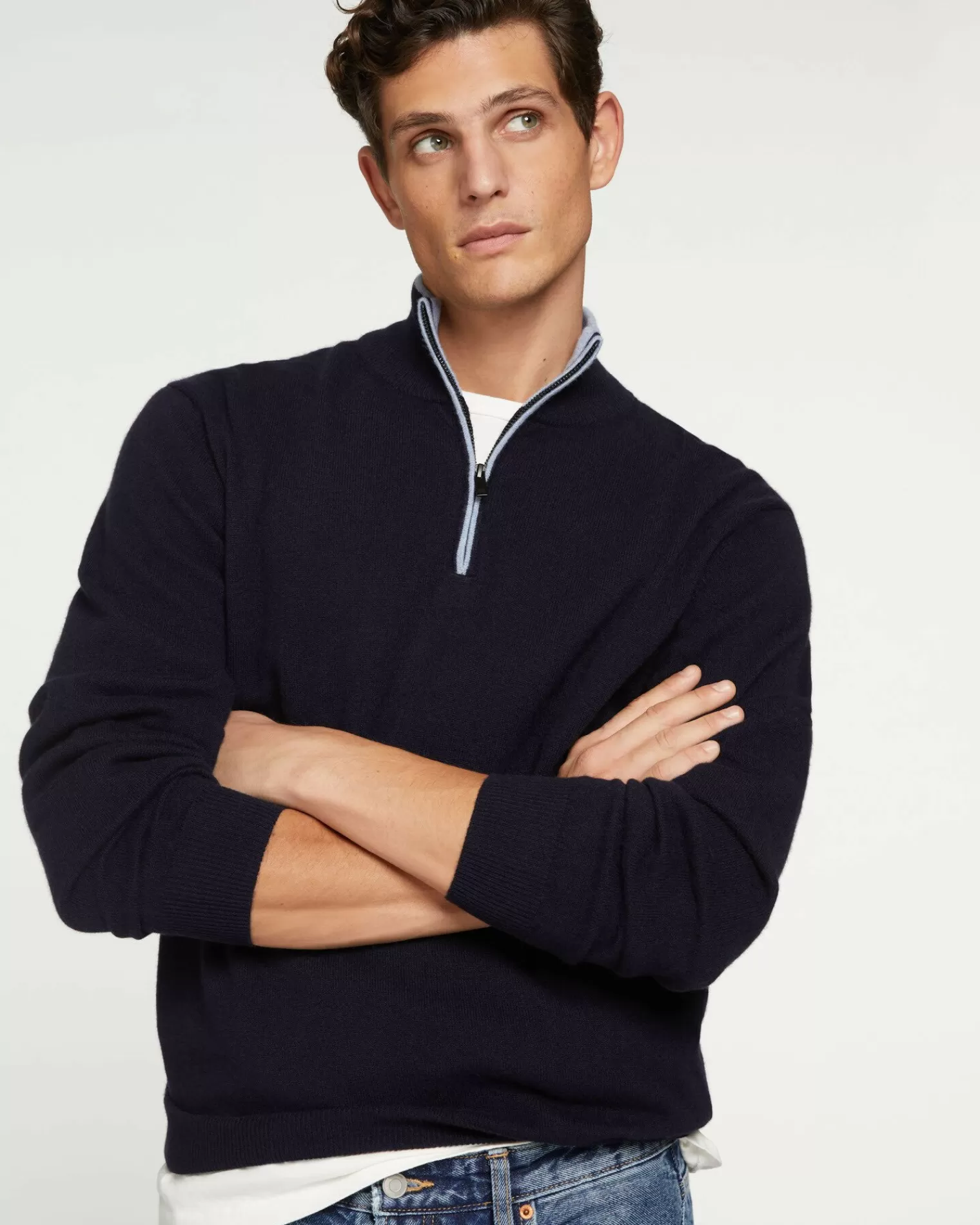 Kujten Sweaters & Sweatshirts>Plain Turtleneck Cashmere Man Sweater With Elbow Patches Bleu Marine Fonce