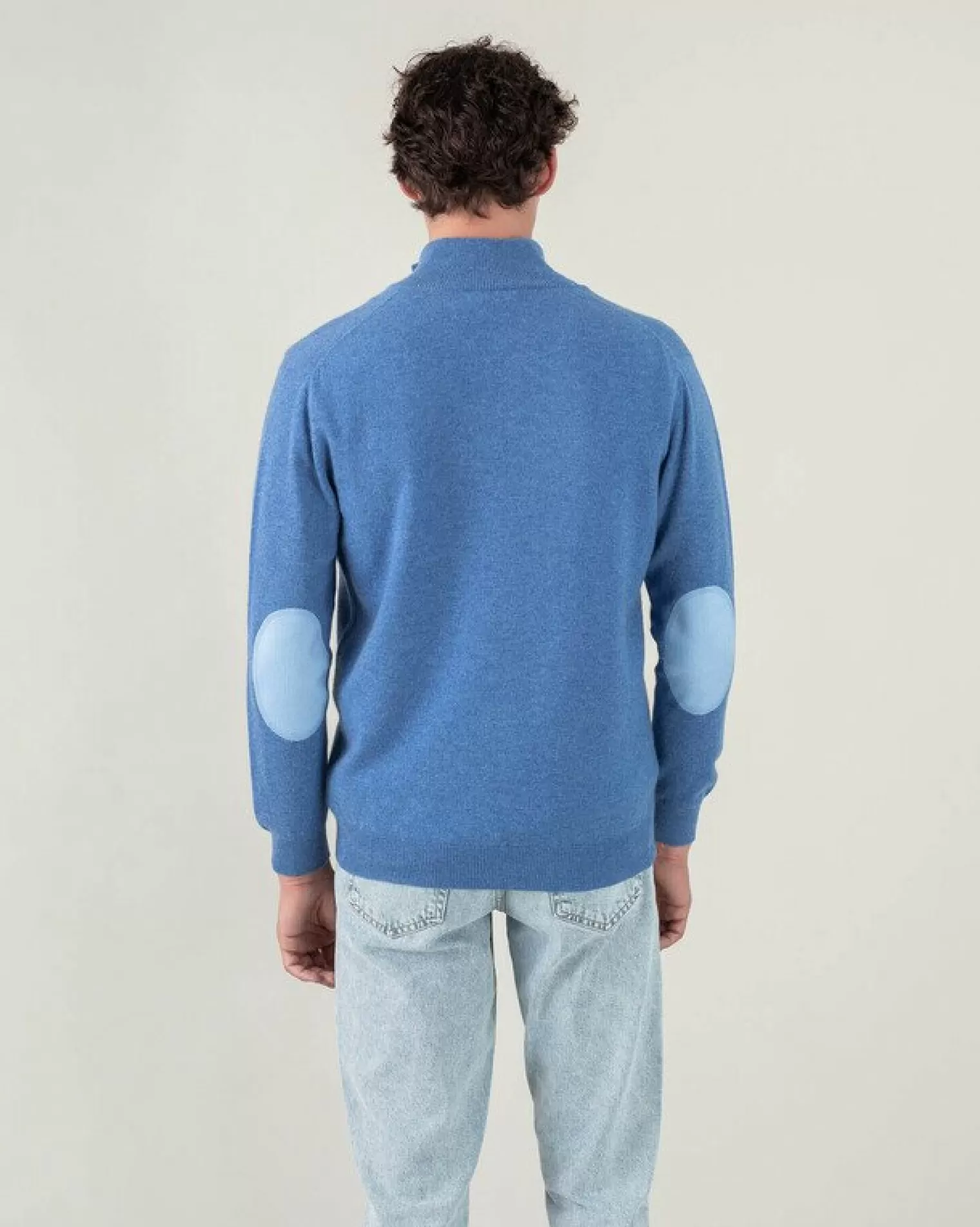 Kujten Sweaters & Sweatshirts>Plain Turtleneck Cashmere Man Sweater With Elbow Patches Bleu Denim