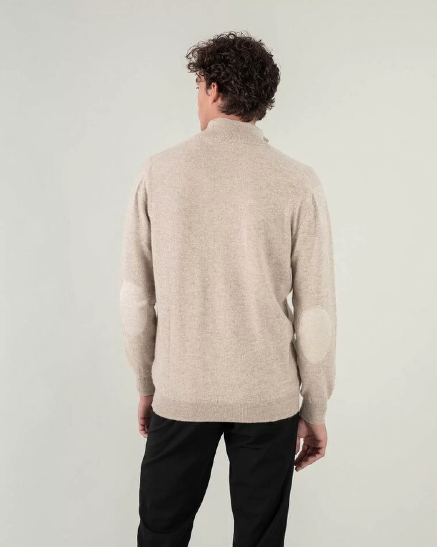 Kujten Sweaters & Sweatshirts>Plain Turtleneck Cashmere Man Sweater With Elbow Patches Beige Chine