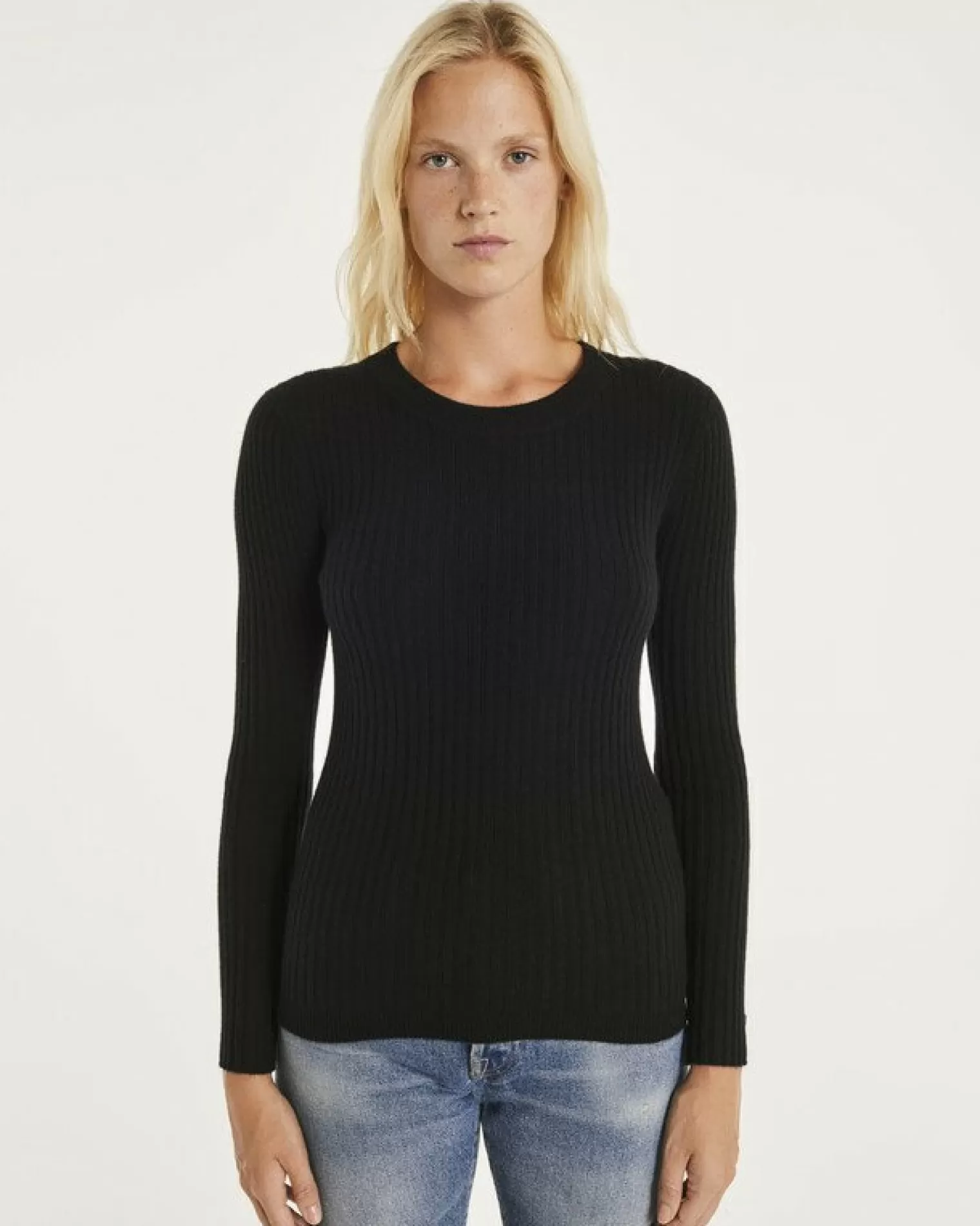 Kujten Sweaters & Sweatshirts>Ribbed Round Neck Cashmere Sweater, 2-Threads Noir