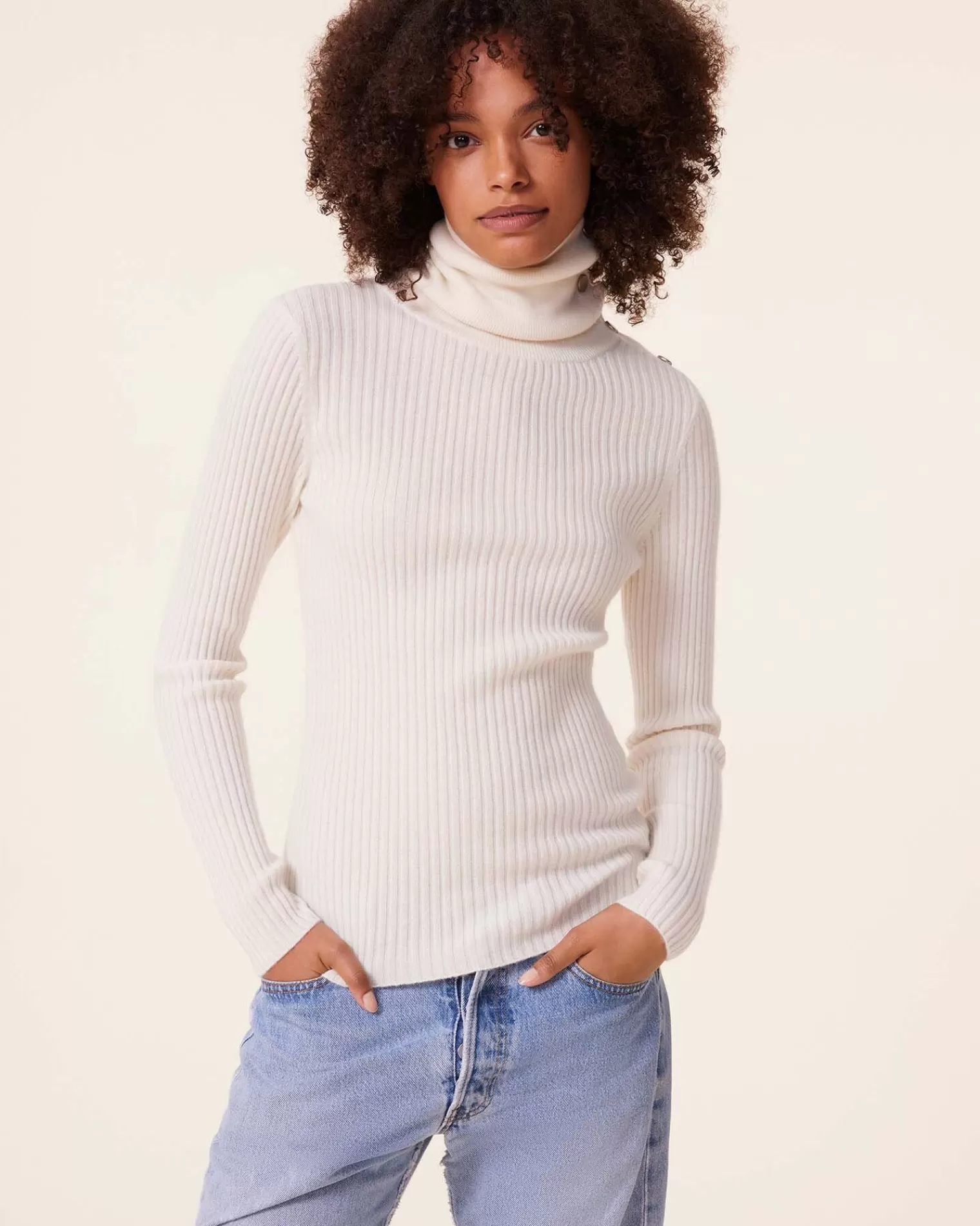 Kujten Sweaters & Sweatshirts>Ribbed Turtleneck Cashmere Sweater, 2-Threads Blanc