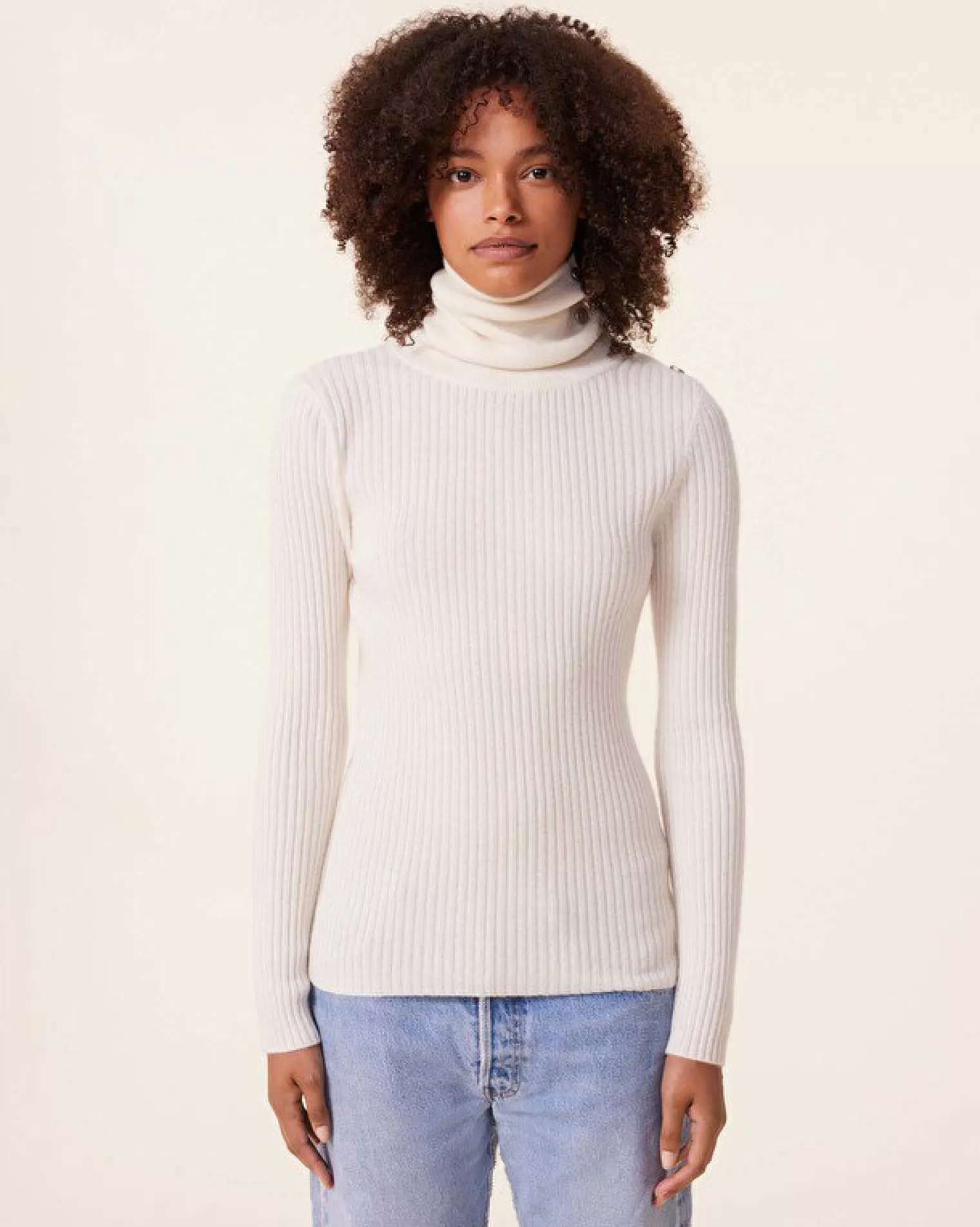 Kujten Sweaters & Sweatshirts>Ribbed Turtleneck Cashmere Sweater, 2-Threads Blanc