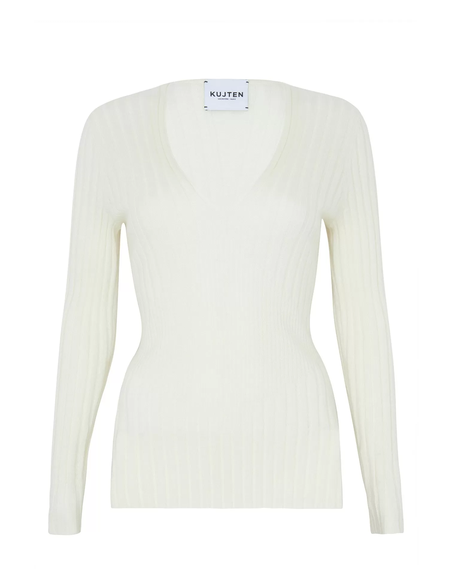 Kujten Sweaters & Sweatshirts>Ribbed V-Neck Cashmere Sweater, 2-Threads Blanc