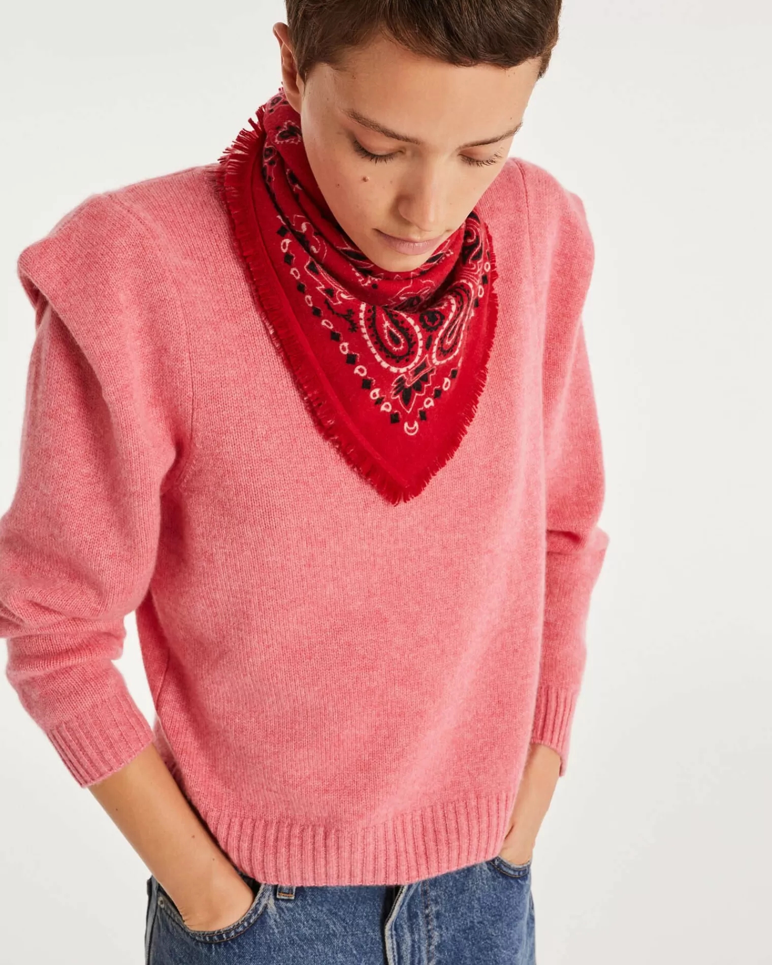 Kujten Sweaters & Sweatshirts>Round Neck Cashmere Shoulder Pad Sweater Rose Chine