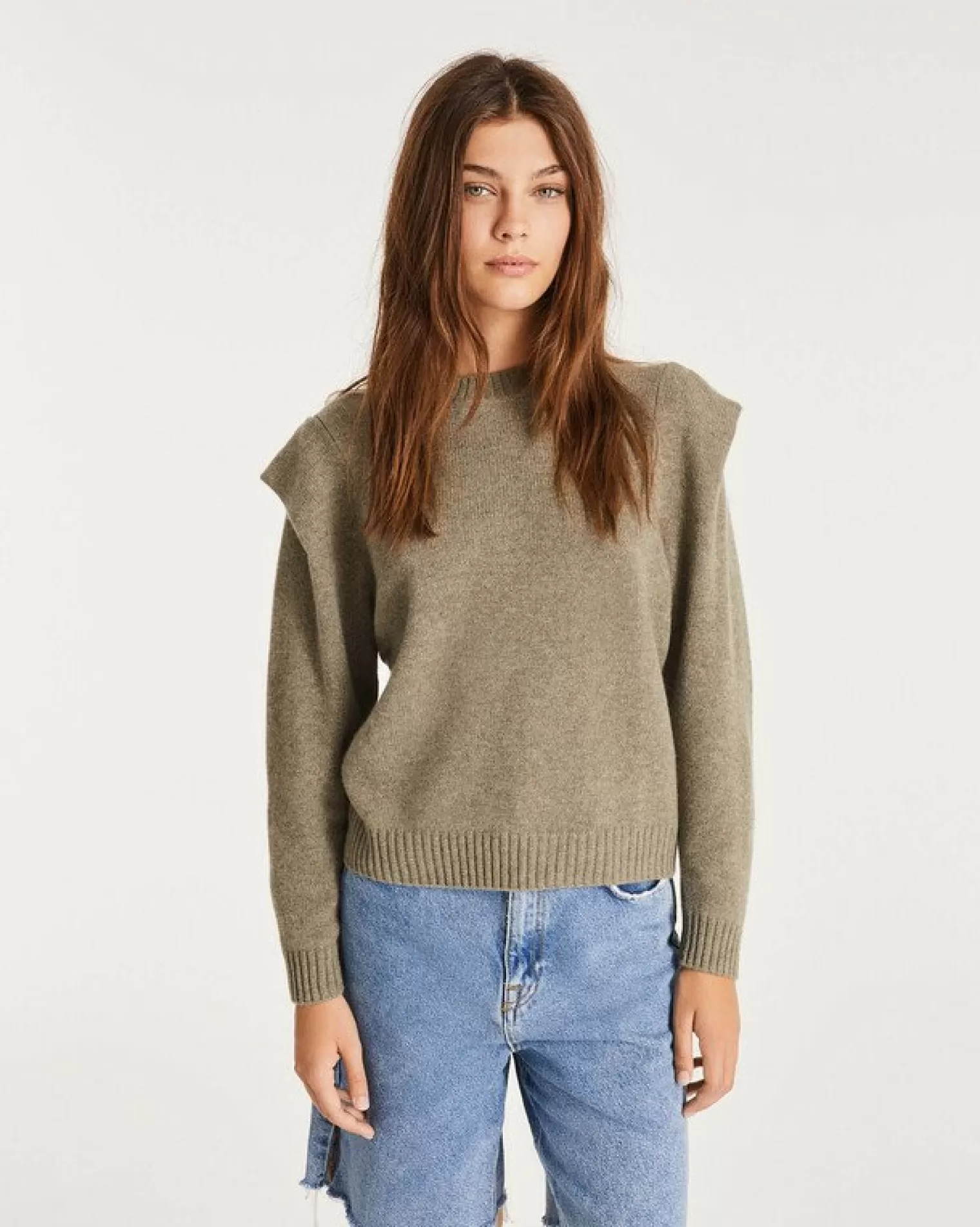 Kujten Sweaters & Sweatshirts>Round Neck Cashmere Shoulder Pad Sweater Kaki Clair