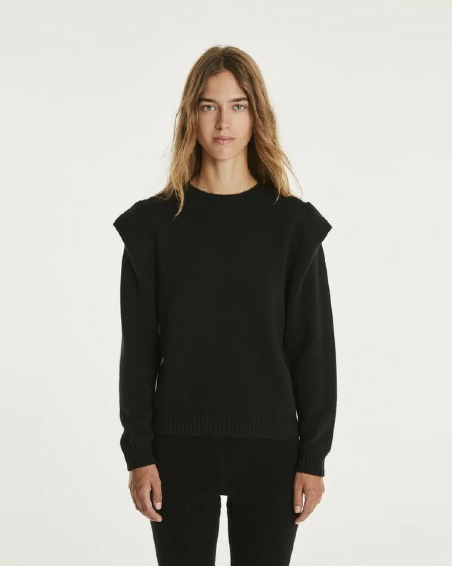 Kujten Sweaters & Sweatshirts>Round Neck Cashmere Shoulder Pad Sweater Noir