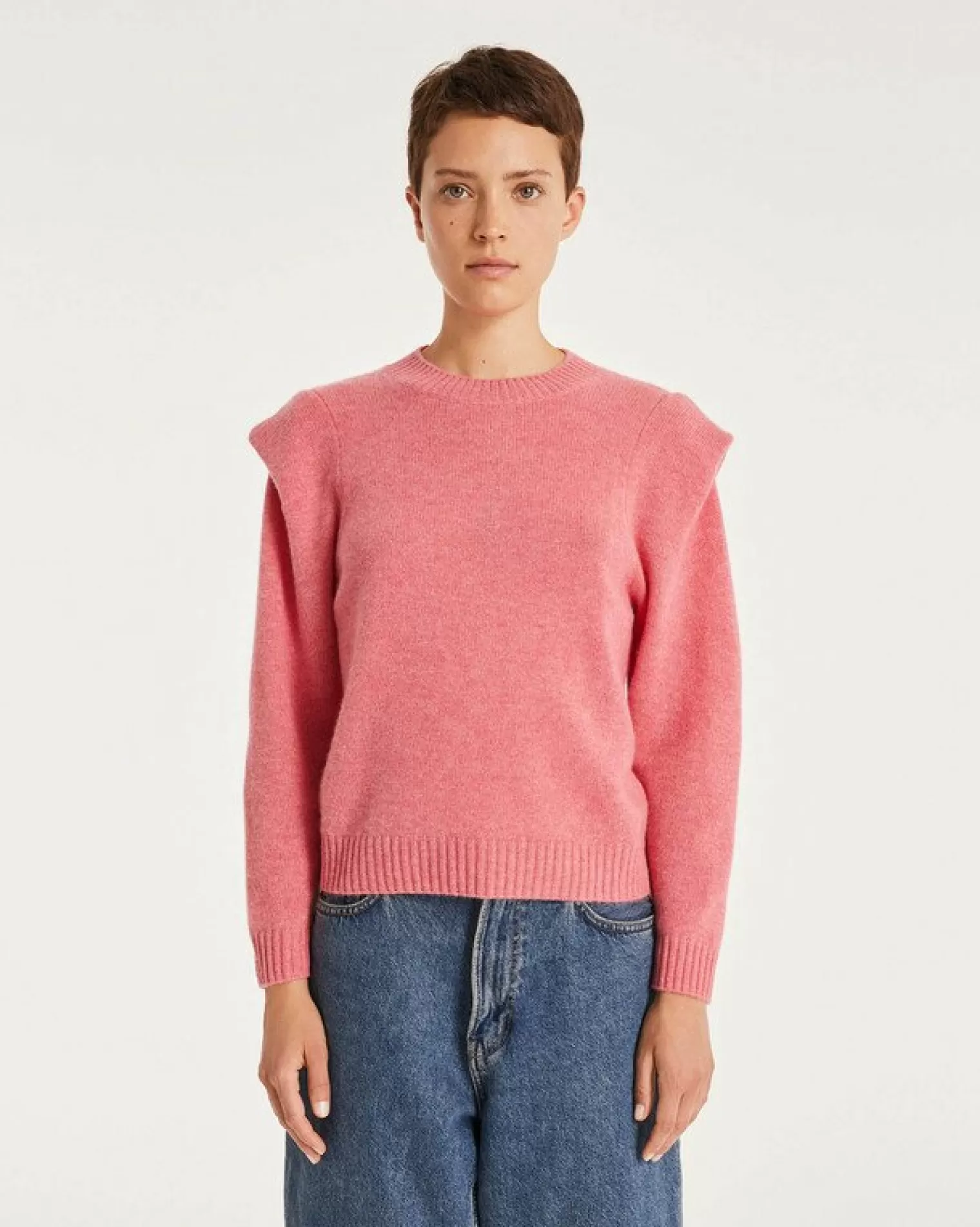 Kujten Sweaters & Sweatshirts>Round Neck Cashmere Shoulder Pad Sweater Rose Chine