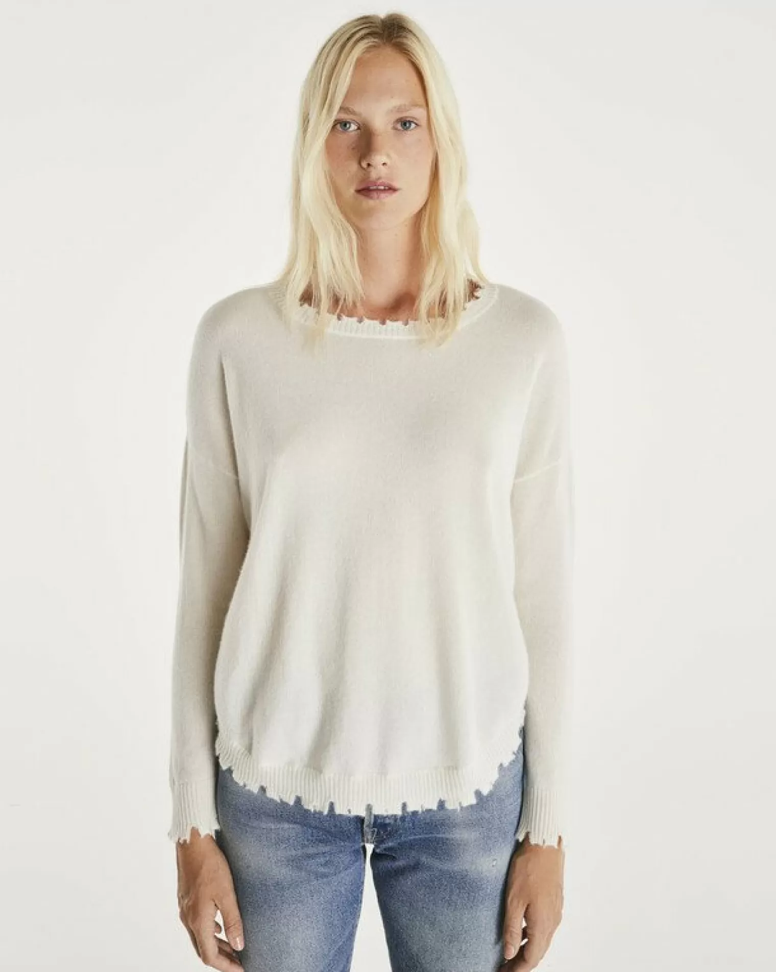 Kujten Sweaters & Sweatshirts>Round Neck Cashmere Sweater, 2-Threads Blanc