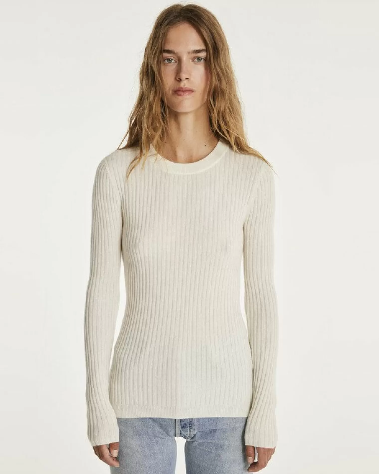 Kujten Sweaters & Sweatshirts>Round Neck Cashmere Sweater, 2-Threads Blanc