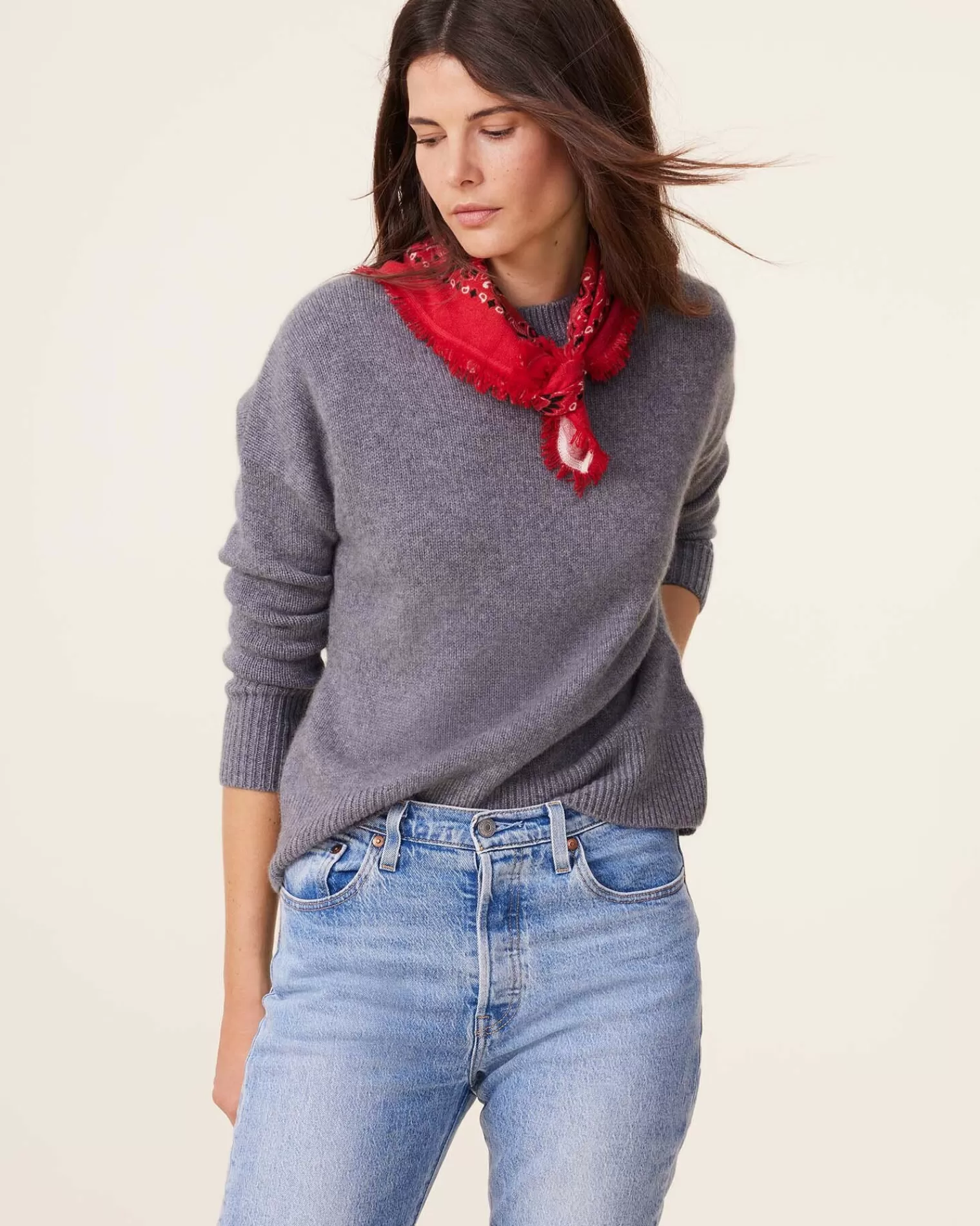 Kujten Sweaters & Sweatshirts>Round Neck Cashmere Sweater, 4-Threads Gris Flanelle