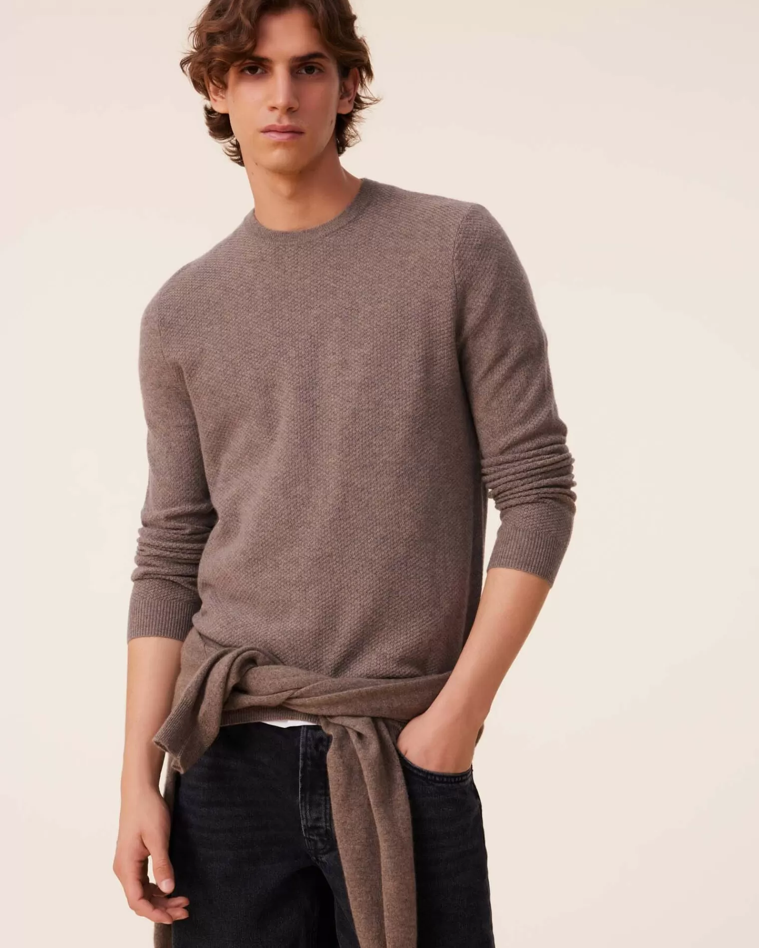 Kujten Sweaters & Sweatshirts>Round Neck Cashmere Sweater , 2-Threads Taupe Mouline