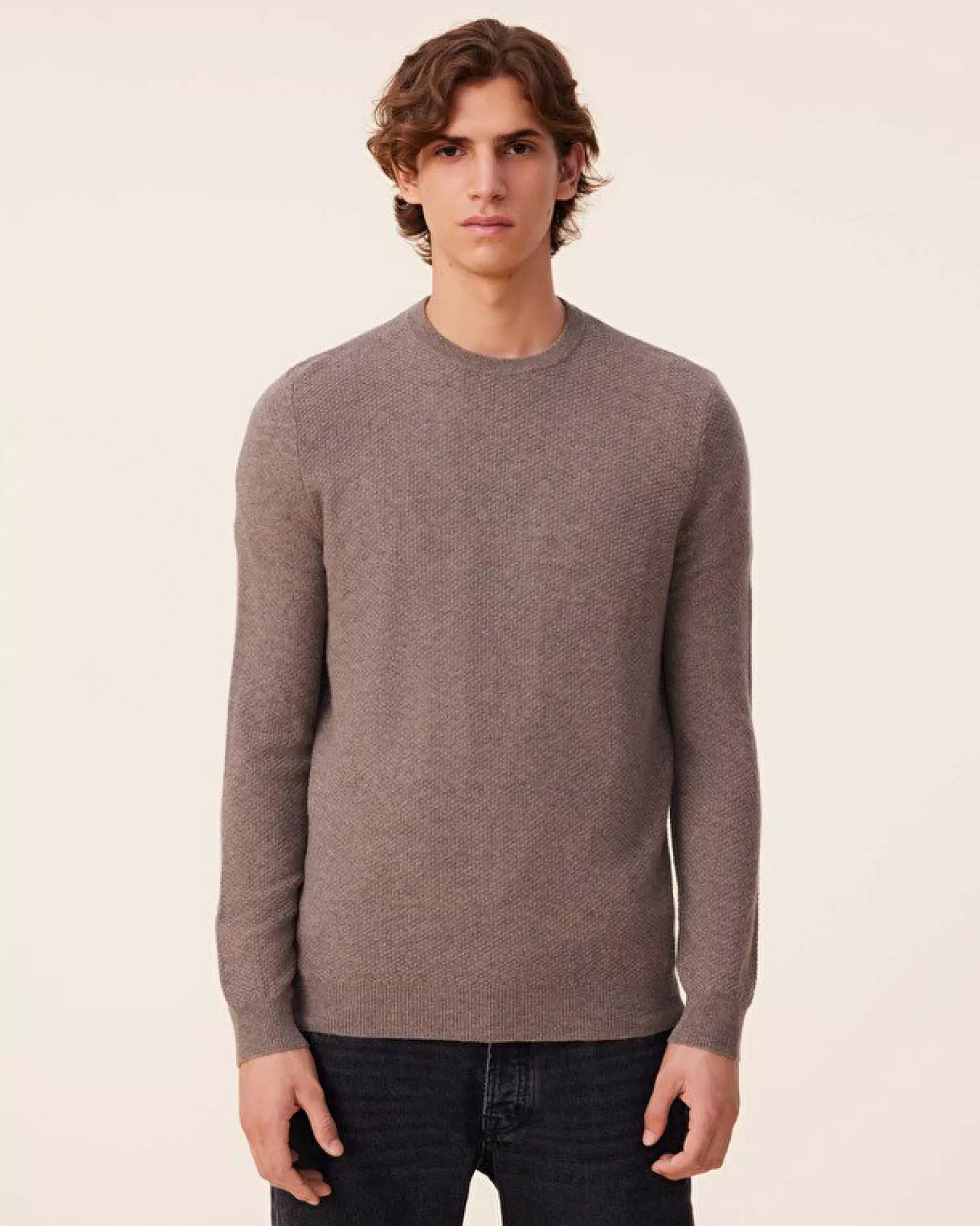 Kujten Sweaters & Sweatshirts>Round Neck Cashmere Sweater , 2-Threads Taupe Mouline